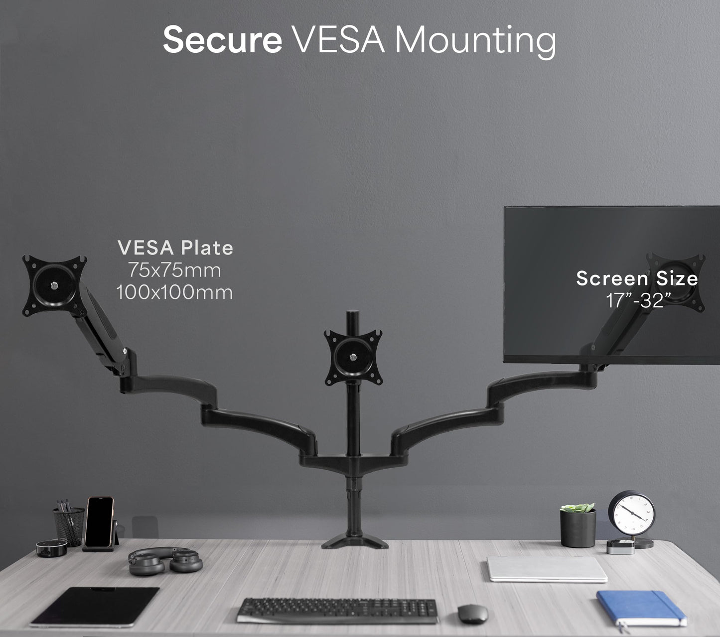 Soporte de Monitor Triple Vivo Negro ajustable para 3 Pantallas de hasta 32 Pulgadas