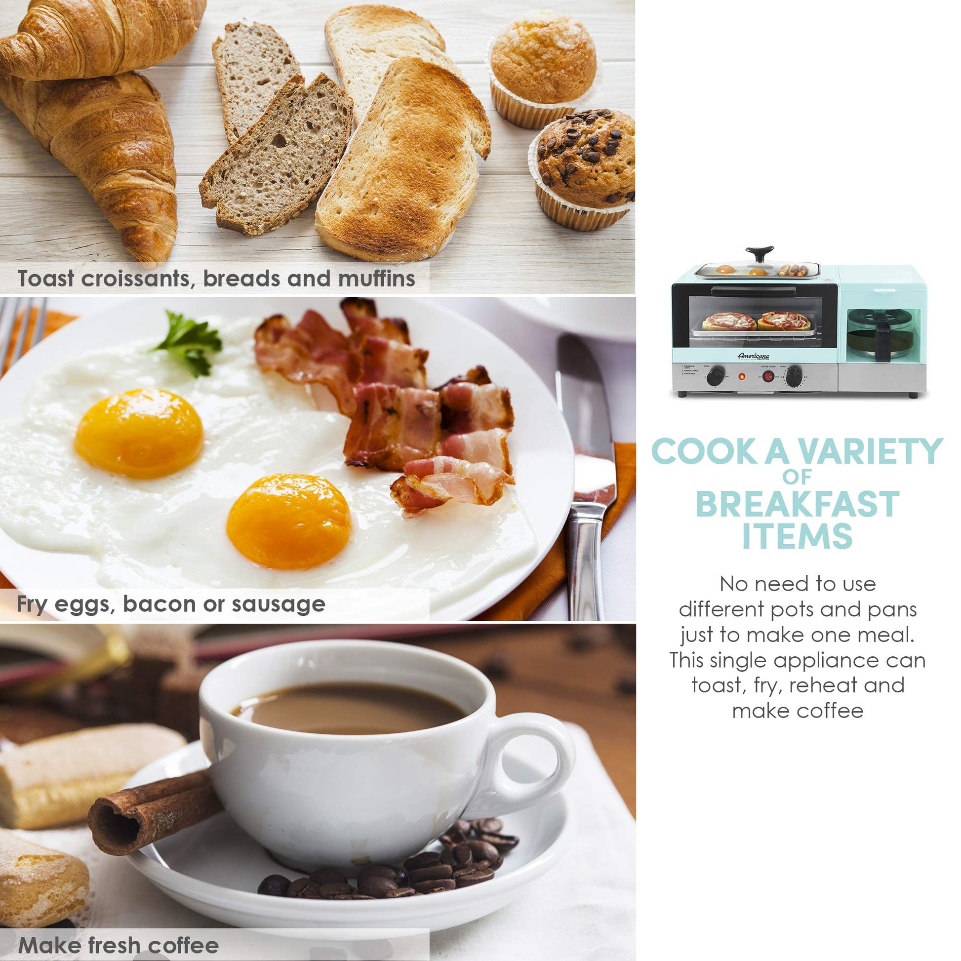 Elite Gourmet EBK8810BL# Americana 2 Slice, 9.5" Griddle with Glass Lid 3-in-1 Breakfast Center Station, 4-Cup Coffeemaker, Toaster Oven with 15-Min Timer, Heat Selector Mode, Blue