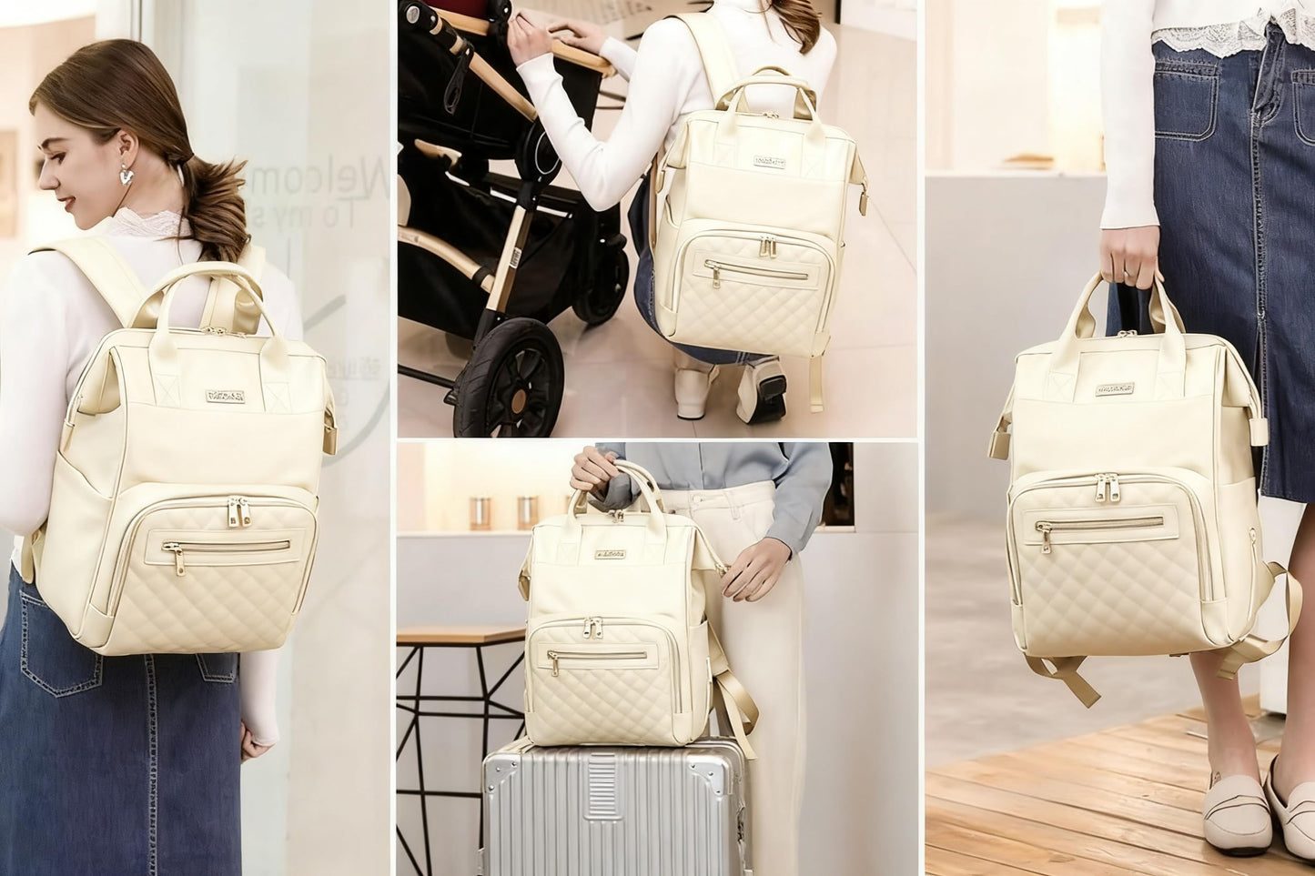 BHAFEM - Mochila para pañales para bebé, bolsa para bebé con cambiador, piel vegano, gran capacidad, mochila impermeable para pañales de viaje, Beige, Large, Casule