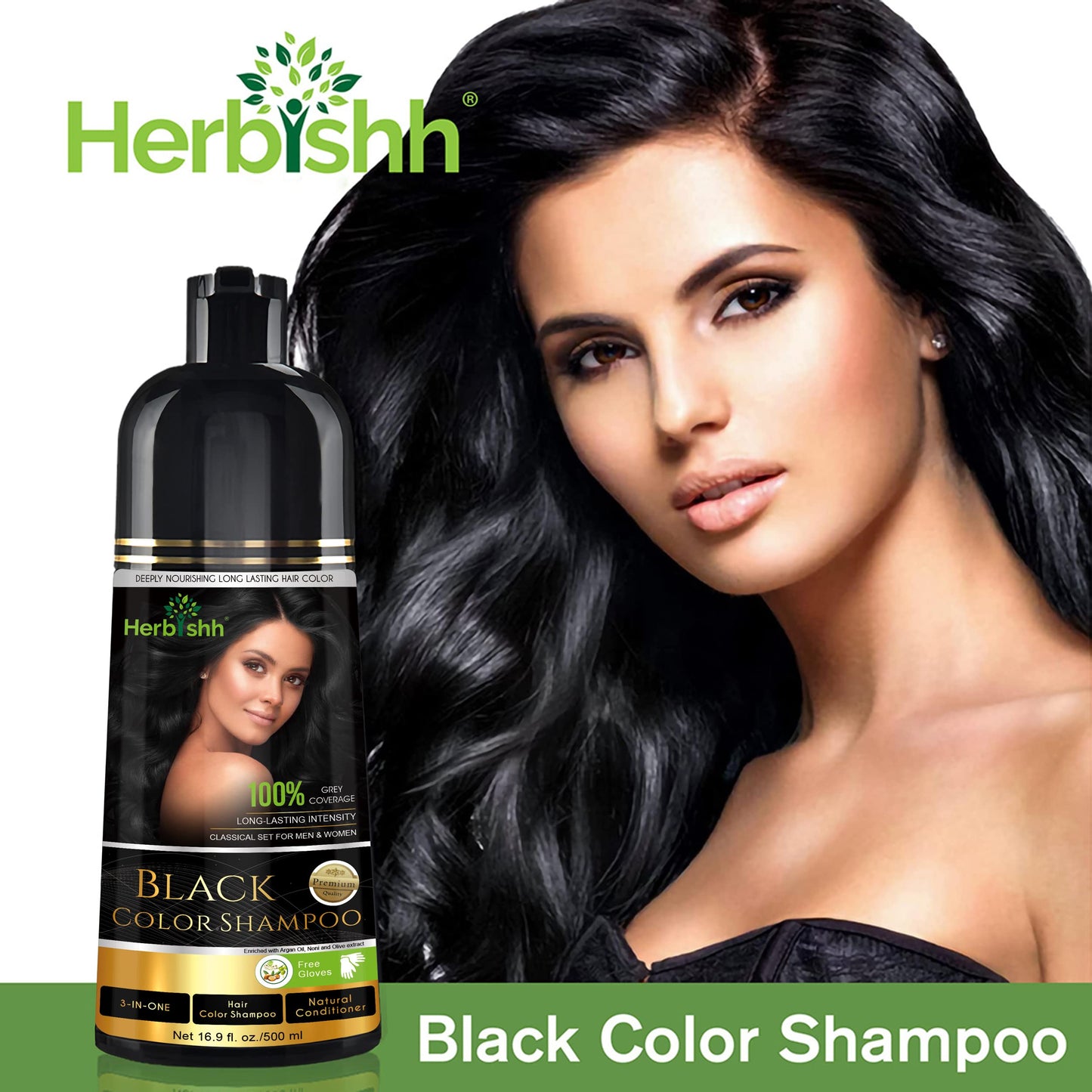 Herbishh - Champú colorante para cabello gris, champú con tinte natural para el cabello, colorea el cabello en minutos, dura hasta 3 o 4 semanas, 500 ml, tinte de cabello 3 en 1, sin amoniaco | (negro)