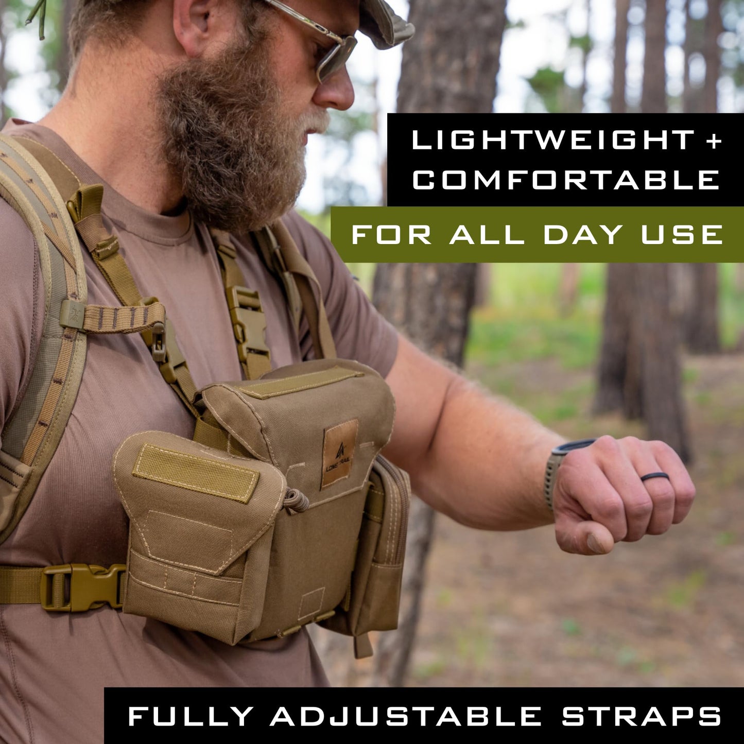 Lone Trail - Arnés binocular impermeable para el pecho – Arnés bino ligero con bolsa de telémetro, funda binocular arnés de pecho con cierre magnético silencioso, sistema MOLLE equipo de caza para
