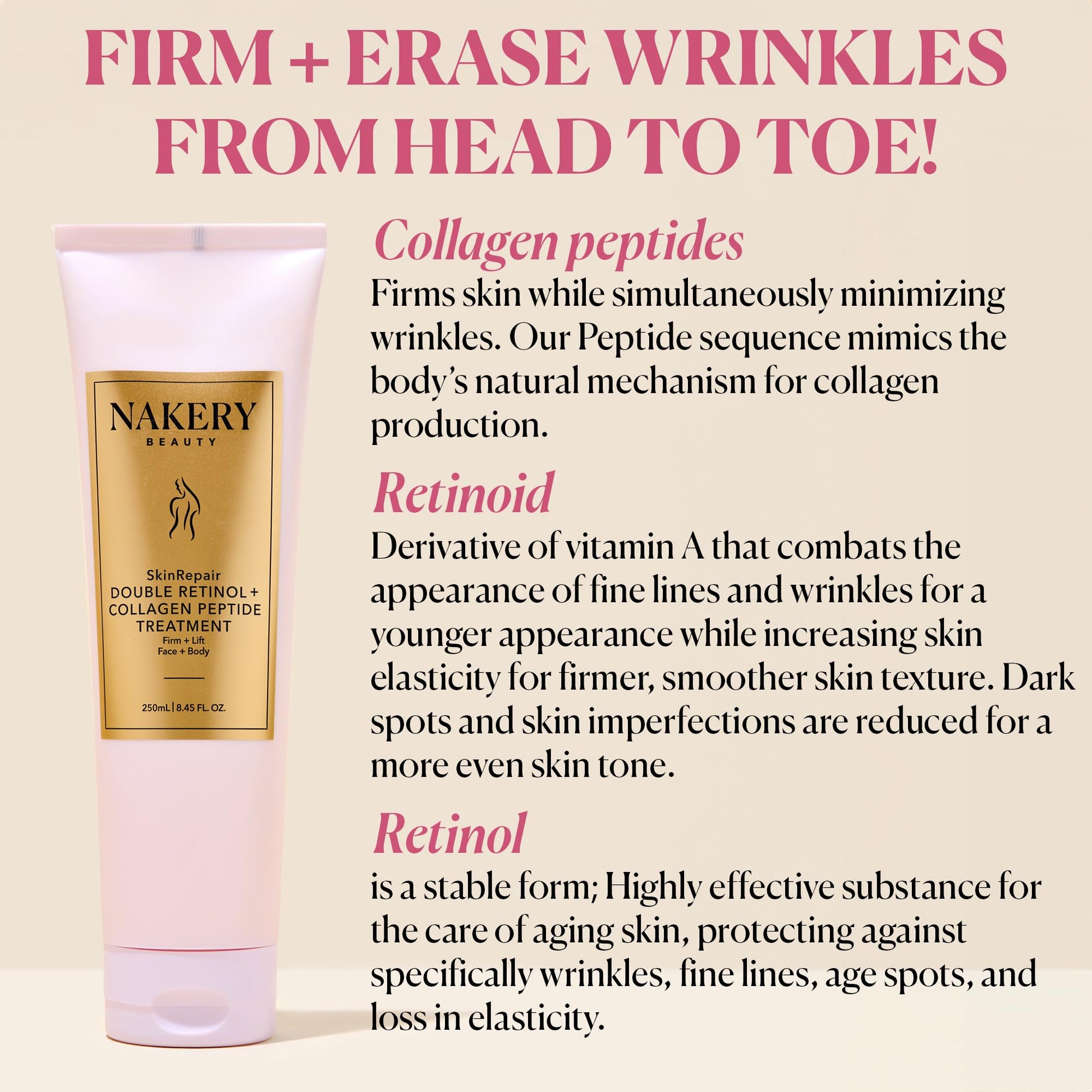 Nakery Beauty Retinol Cream - Crema Facial De Retinol Y Colágeno - Crema Facial De Colágeno Para Todo Tipo De Piel - Colágeno Retinol Crema De Ácido Hialurónico Para Arrugas - Crema
