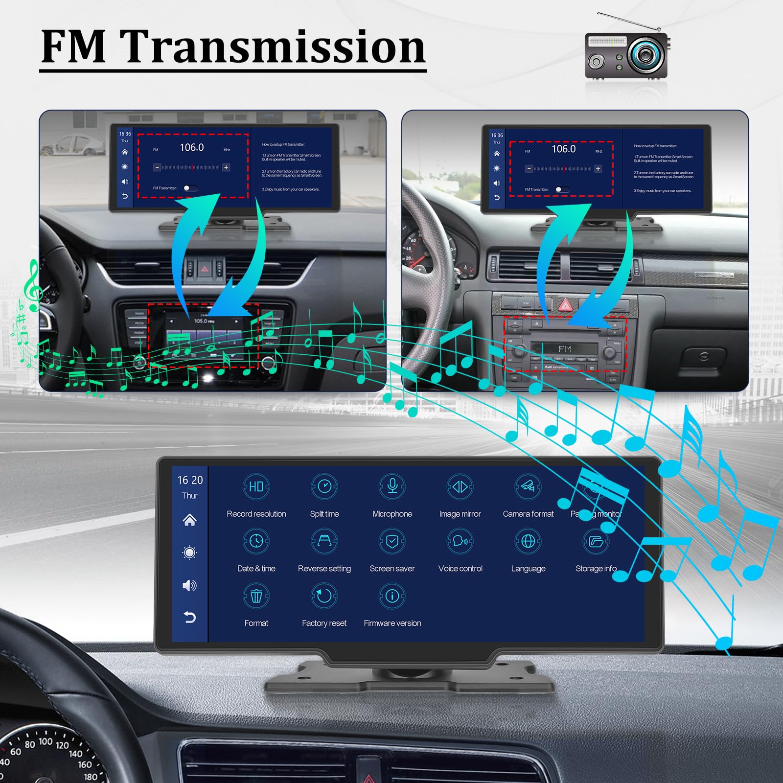 Carplay - visualización estéreo de 10.3 pulgadas HD inalámbrica portátil para coche Buddy con visualización táctil, reproducción de coche y transmisión automática de Android FM Bluetooth para