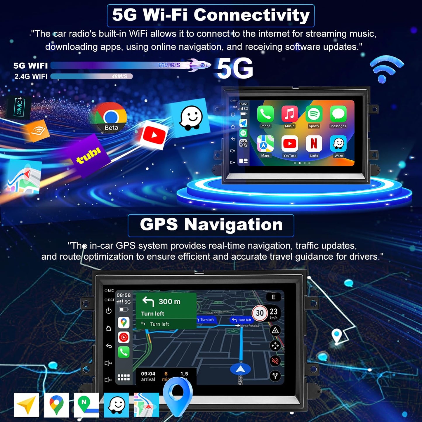 Radio de Coche con Actualización WiFi Android para Ford Mustang 2005-2009, Explorer 2006-2010, Ford E150/E250/E350 2009-2014 Unidad Principal de Estéreo de Pantalla Táctil de 7 Pulgadas Inalámbrica