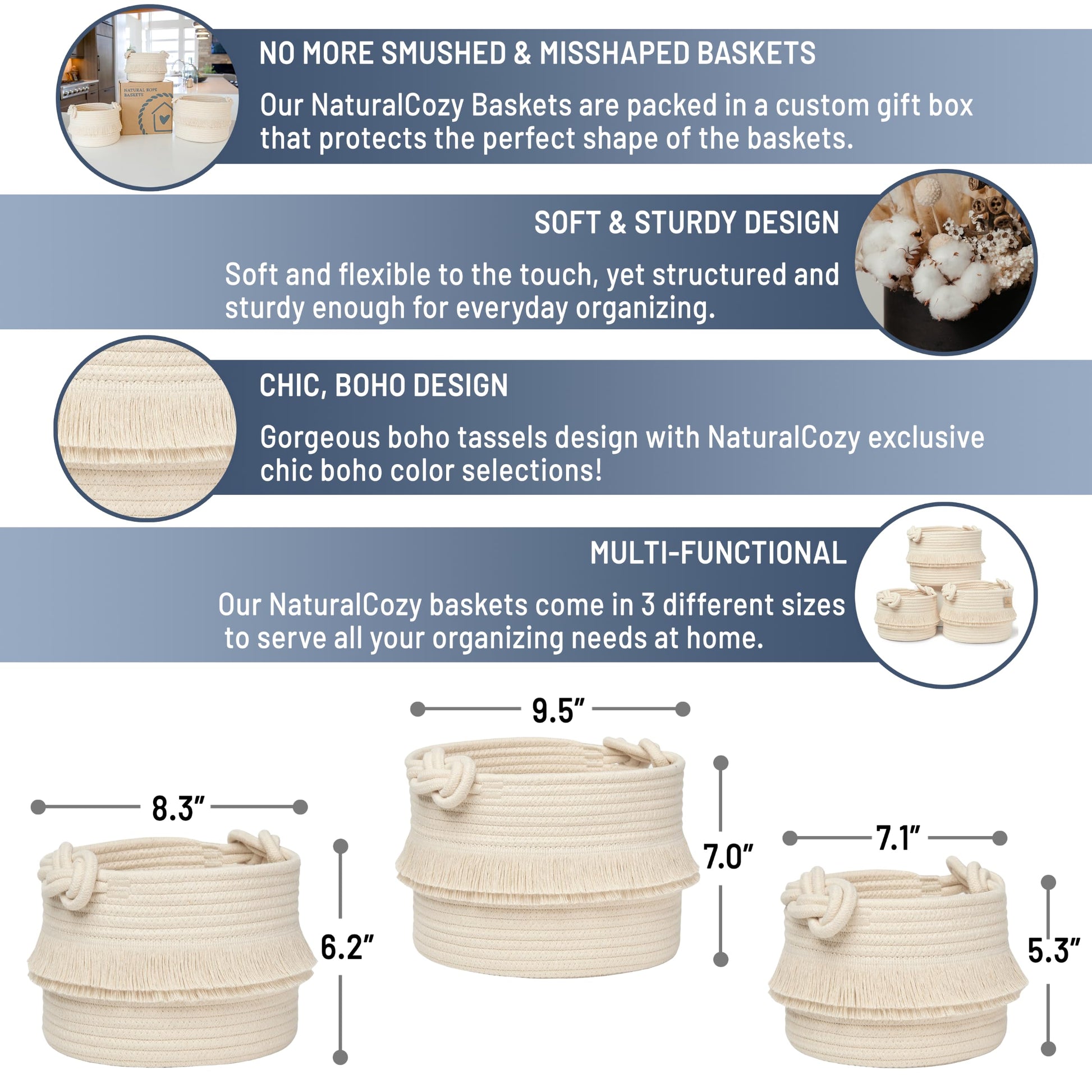 NaturalCozy - Juego de 3 cestas de almacenamiento bohemias para decoración – Canastas tejidas de cuerda de algodón para organizar Artículos pequeños para bebés, ducha, cesta de regalo, maceta de