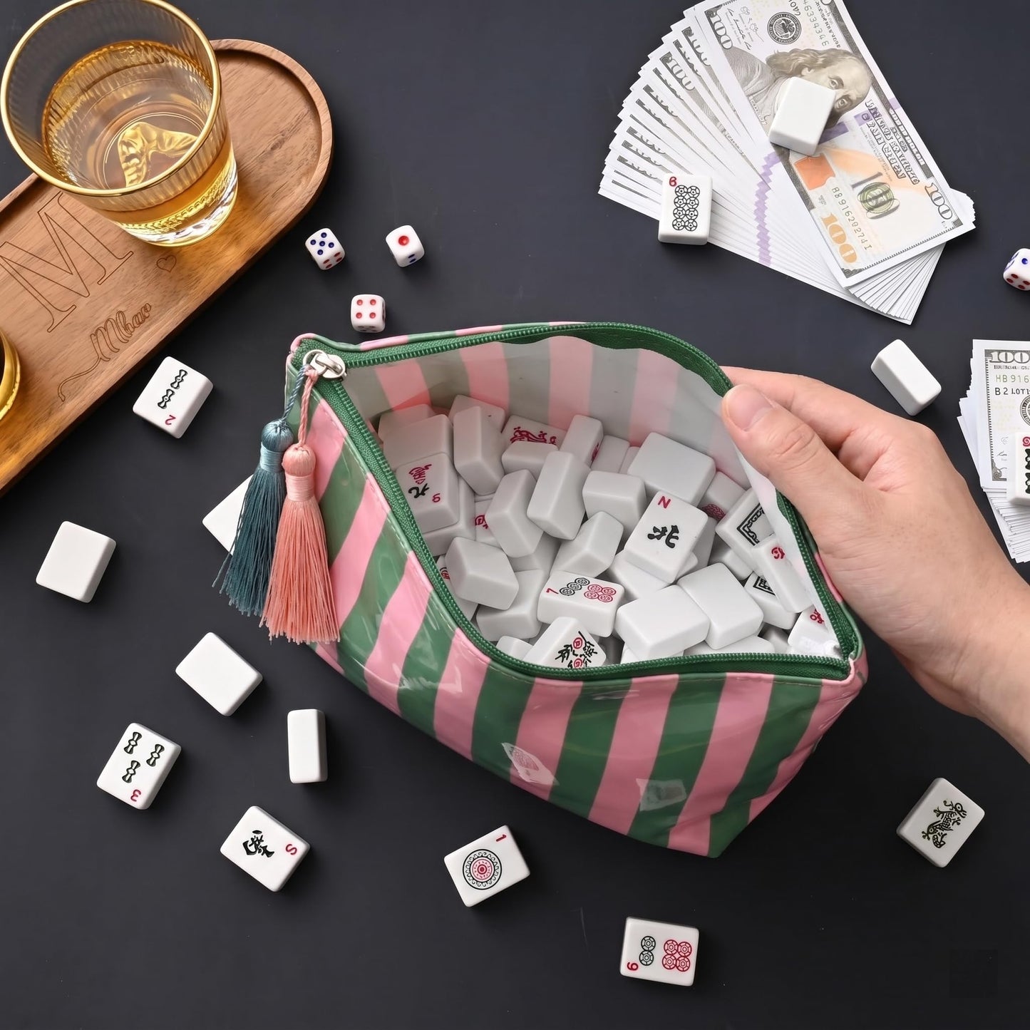 LDWZAX - Bolsa de maquillaje a rayas: bolsa impermeable para cosméticos con cierre, organizador de artículos de cambiador de viaje grande, lona y bolsa de PVC transparente para azulejos Mahjong (rosa