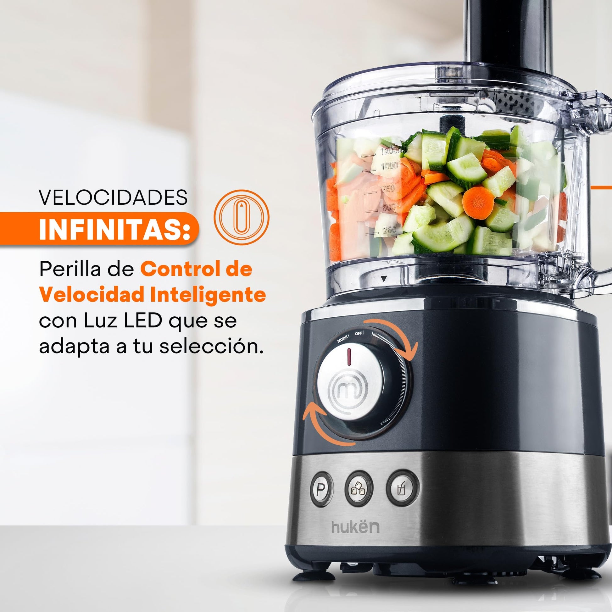Hukën x MasterChef | Sistema de Cocina Chef Deluxe | 650W de Potencia | Más de 10 Accesorios para Licuar, Triturar, Rebanar y Más | Panel Digital | Acabados de Acero Inoxidable