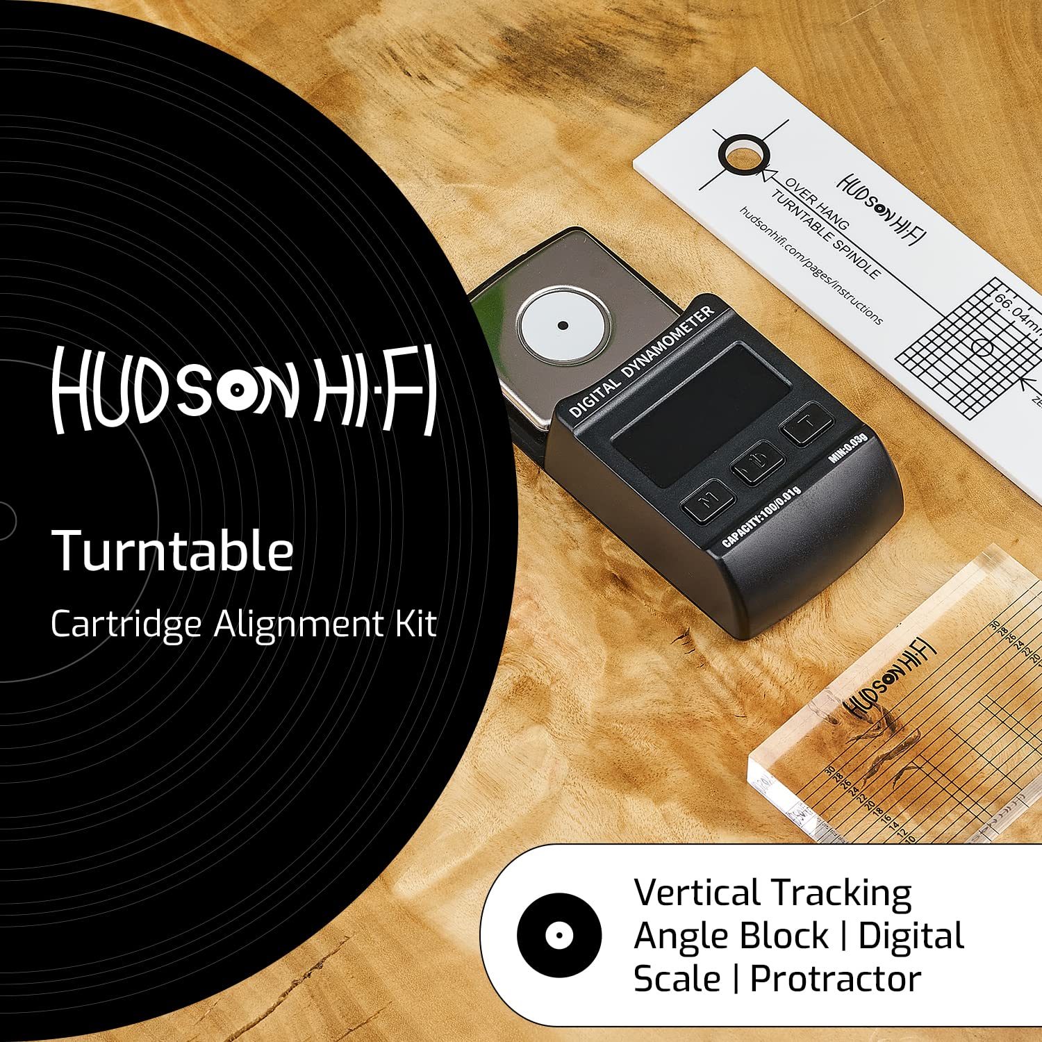 Hudson Hi-Fi Cartucho para tocadiscos Kit de transportador de alineación de palpador - Tocadiscos de vinilo VTA Regla de azimut - Tocadiscos Palpador VTF Medidor de fuerza - Tocadiscos Cartucho de fono Transportador de alineación de palpador