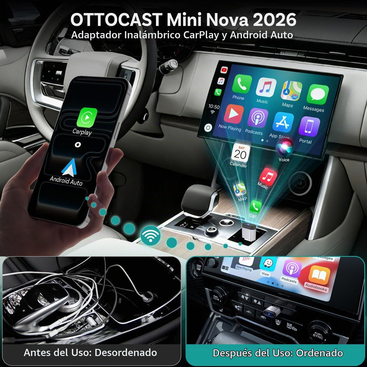 Adaptador Automático Inalámbrico Ottocast Mini Nova 2 en 1 con Reconexión Rápida y Diseño Compacto para Iphone Ios 10+