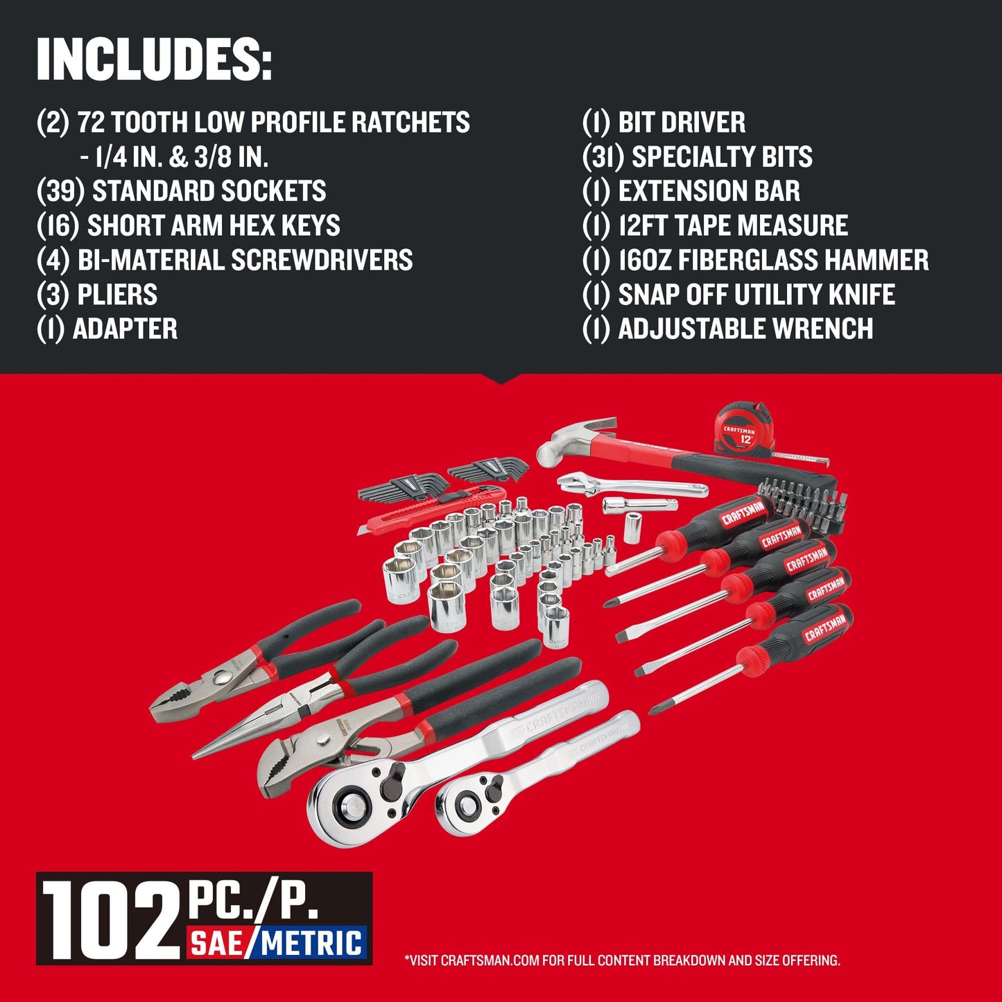 CRAFTSMAN - Kit de herramientas de 102 piezas para el hogar y el automóvil, juego de herramientas de mano duraderas con SAE/enchufes métricos (CMMT99449)