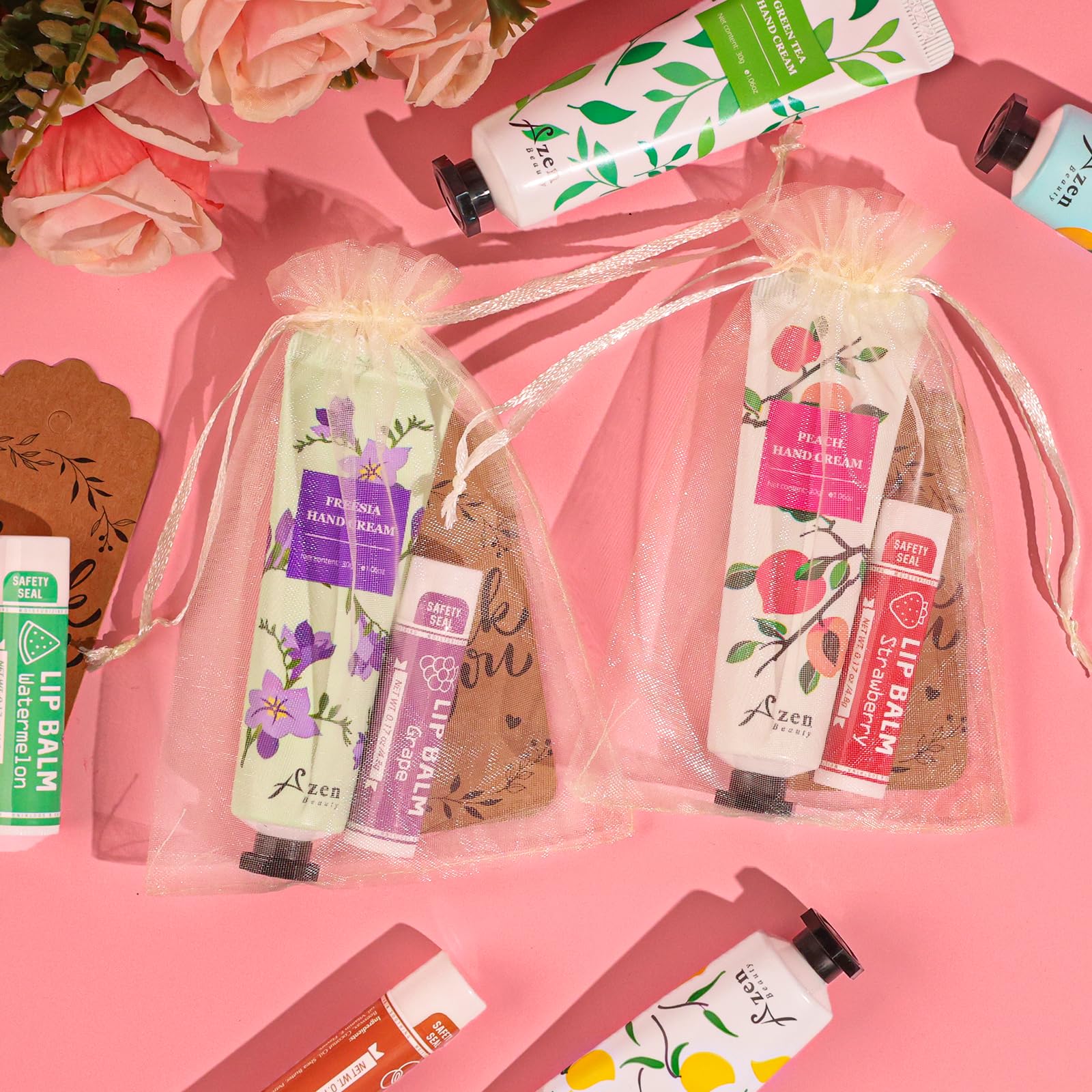 AZEN 30 Juegos De Crema De Manos A Granel Y Bálsamo Labial Conjunto A Granel, Regalos De Despedida De Soltera Para Invitados Con Bolsa De Organza Tarjeta De Agradecimiento, Favores