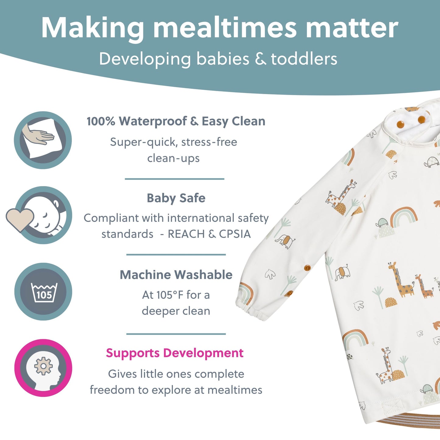Bibado Baberos para bebé con mangas – Babero de destete LED para niños pequeños y bebés, 6-36 meses, se fija a sillas altas, cochecitos, mesas, Serengeti Spaghetti, One Size