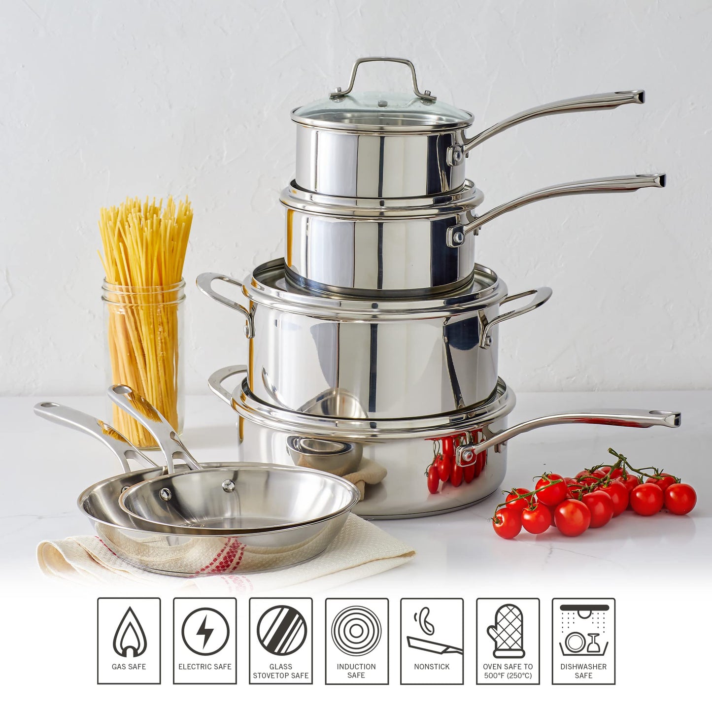 Juego de Ollas y Sartenes Martha Stewart Acero Inoxidable Triple Fondo Seguros para Inducción