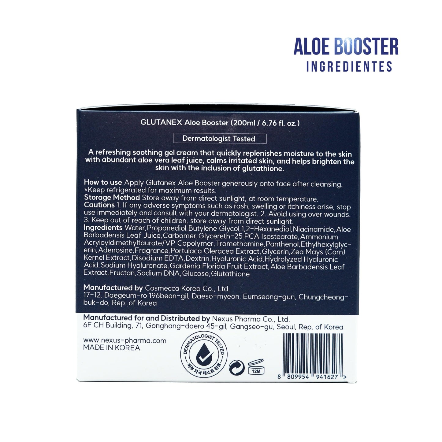 GLUTANEX™ ALOE BOOSTER Crema Gel Calmante, Hidratante, Reparadora y Antioxidante con Glutatión, PDRN de Salmón, Pantenol, Extracto de Aloe Vera y Triple Ácido Hialurónico (200ml.) De Corea del Sur.