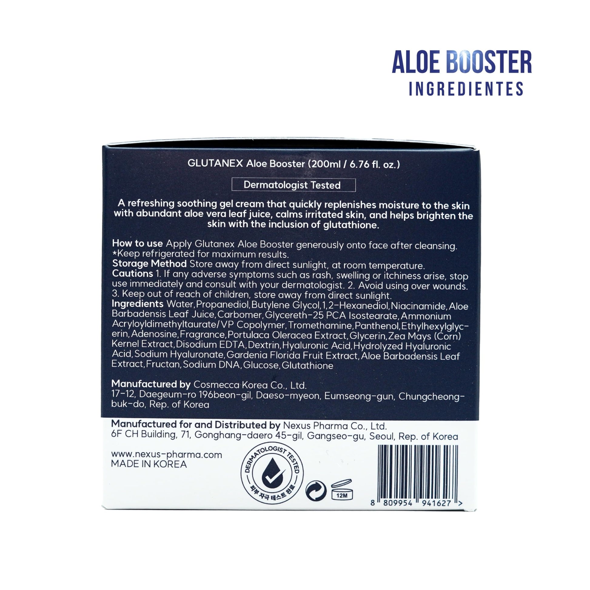 GLUTANEX™ ALOE BOOSTER Crema Gel Calmante, Hidratante, Reparadora y Antioxidante con Glutatión, PDRN de Salmón, Pantenol, Extracto de Aloe Vera y Triple Ácido Hialurónico (200ml.) De Corea del Sur.