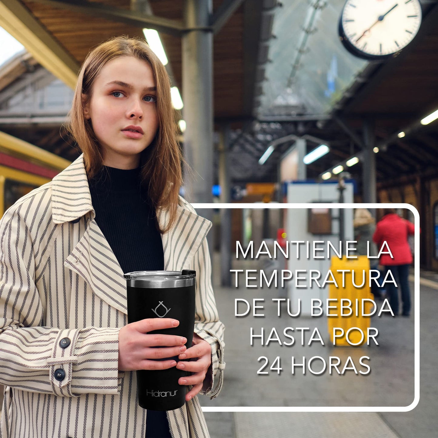 Hidranur Termo de Acero Inoxidable Doble Aislamiento Térmico, 12 Oz (354.882 ml), Termo para Café, Tapa Hermética Antifugas, Popote Incluido (Negro, 12 Oz (354.882 ml))