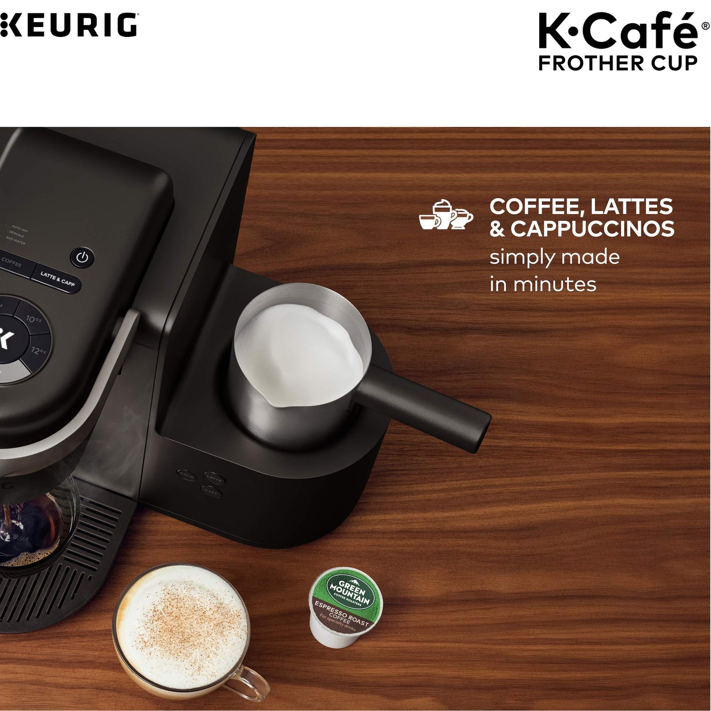 Keurig Funciona con leche no láctea, espuma caliente y fría, solo cafeteras K-Café, 34 onzas, espumador de carbón