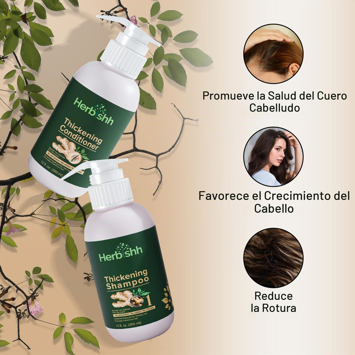 Shampoo y Acondicionador Engrosador con Extracto de Jengibre Herbishh – Kit para Hombres y Mujeres, Estimula el Crecimiento y Engrosamiento del Cabello, Sin Sulfatos ni Parabenos, Todo Tipo de Cabello