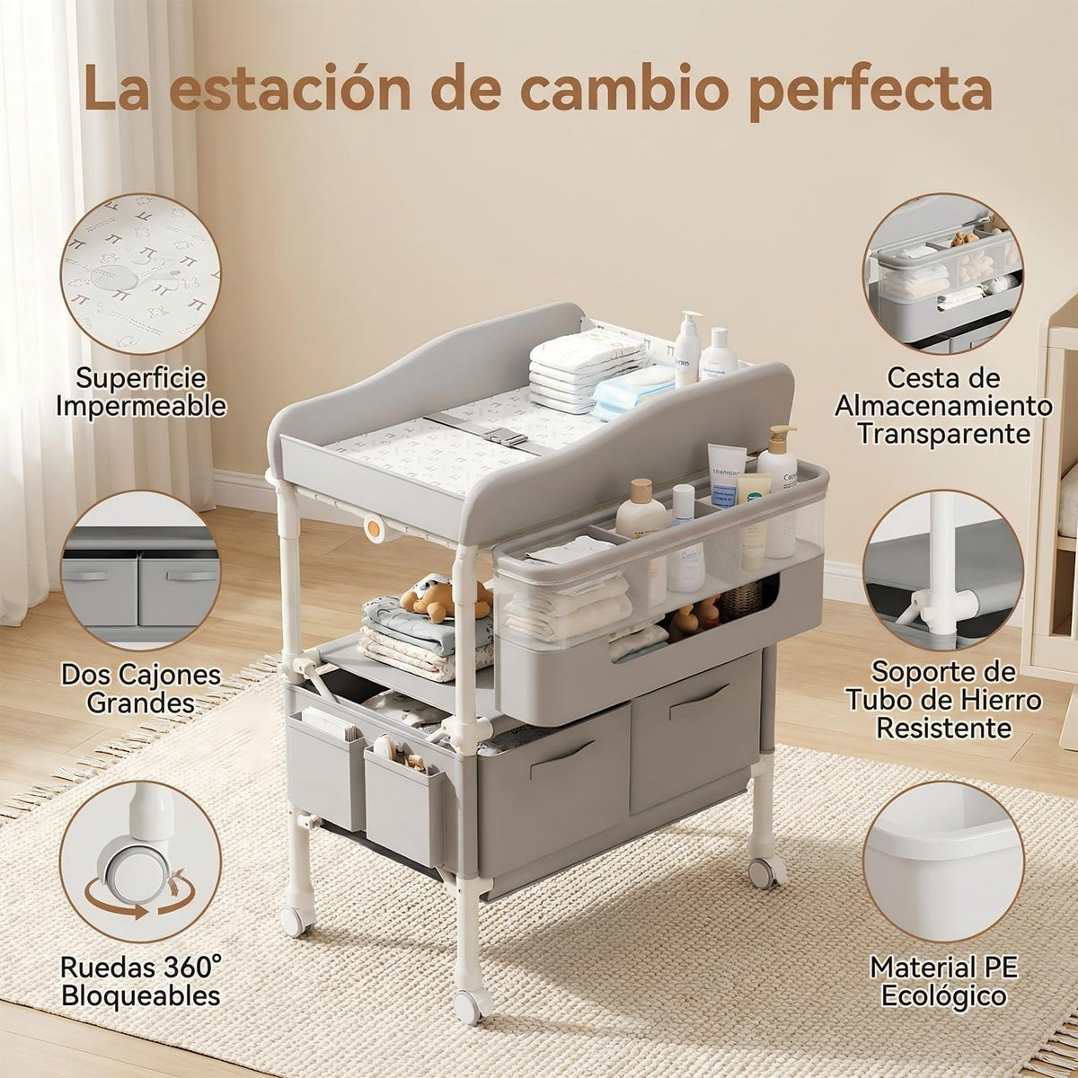 Mueble Cambiador para Bebe, Cambiador de Pañales para Bebe Plegable, Altura Regulable,con 2 Cajones,Ruedas y Cinturón de Seguridad, Cambiador para Bebe Impermeable para Recién Nacidos a Niños Pequeños