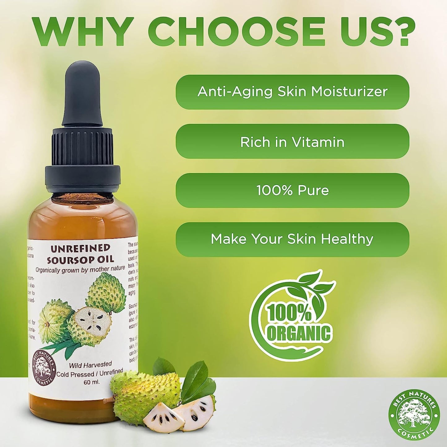 Best Nature's Cosmetics Aceite de Guanábana 60 ml Prensado en Frío - Hidratación - Nutrición - Revitalizante - Hecho en USA