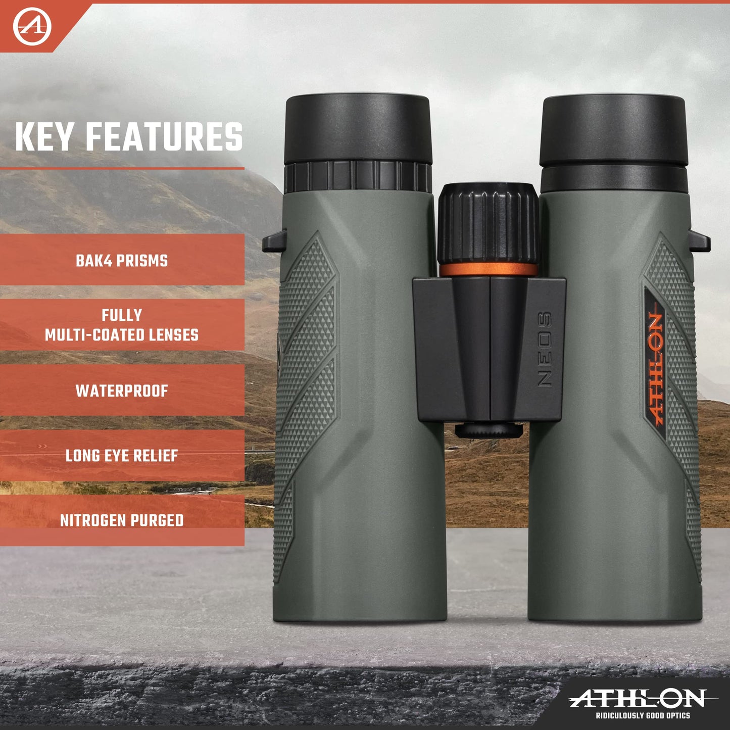 Athlon Optics Neos G2 HD Binocular - 10x4, Grey, Waterproof, Durable Binoculars for Bird Watching, Hunting, Sports,