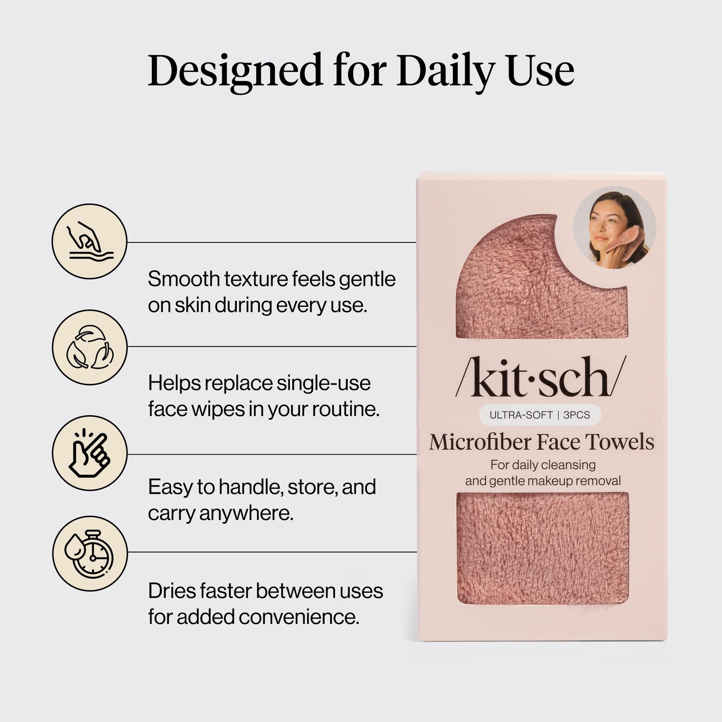 Kitsch Juego de 3 toallas faciales de microfibra – Toallas reutilizables y limpias para la rotación diaria, toalla facial suave, alternativa de toallitas faciales de limpieza suave, paños súper