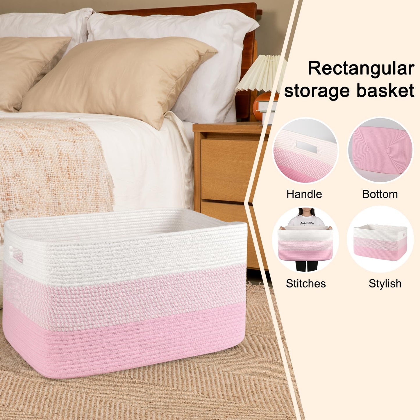 OIAHOMY - Cesta de Manta Grande, 22 X 17 X 12 Pulgadas, Cestas Tejidas Rectangulares para Guardería, Sala de Estar, Almacenamiento de Juguetes con Asa, Cestas Grandes para Organizar, Color Rosa/blanco