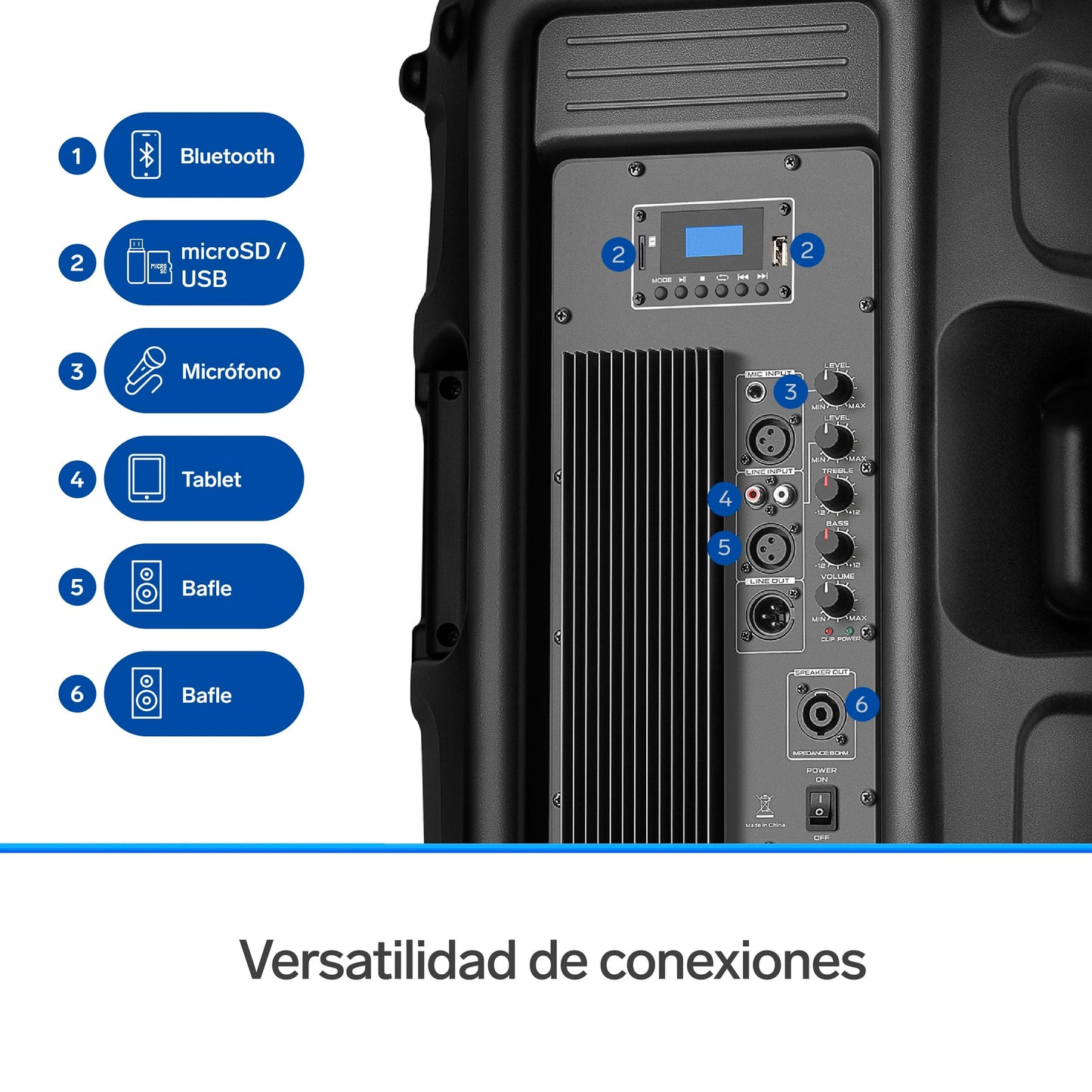 STEREN BAF-1555BT Bafle 15" 3000 W PMPO Bluetooth woofer y Tweeter, MP3 por microSD o USB, Entrada AUX RCA, 6,3 mm para Mic, Crossover, Salida Speakon, Ruedas y agarraderas, Orificio para Pedestal
