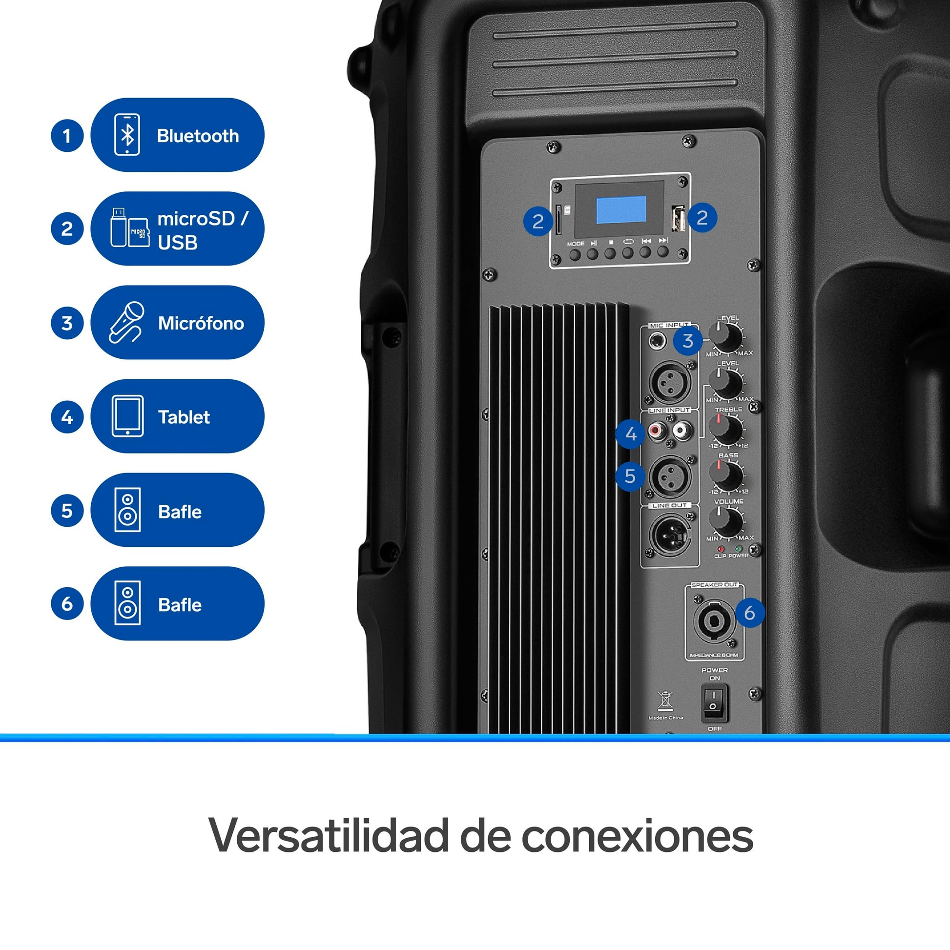 STEREN BAF-1555BT Bafle 15" 3000 W PMPO Bluetooth woofer y Tweeter, MP3 por microSD o USB, Entrada AUX RCA, 6,3 mm para Mic, Crossover, Salida Speakon, Ruedas y agarraderas, Orificio para Pedestal