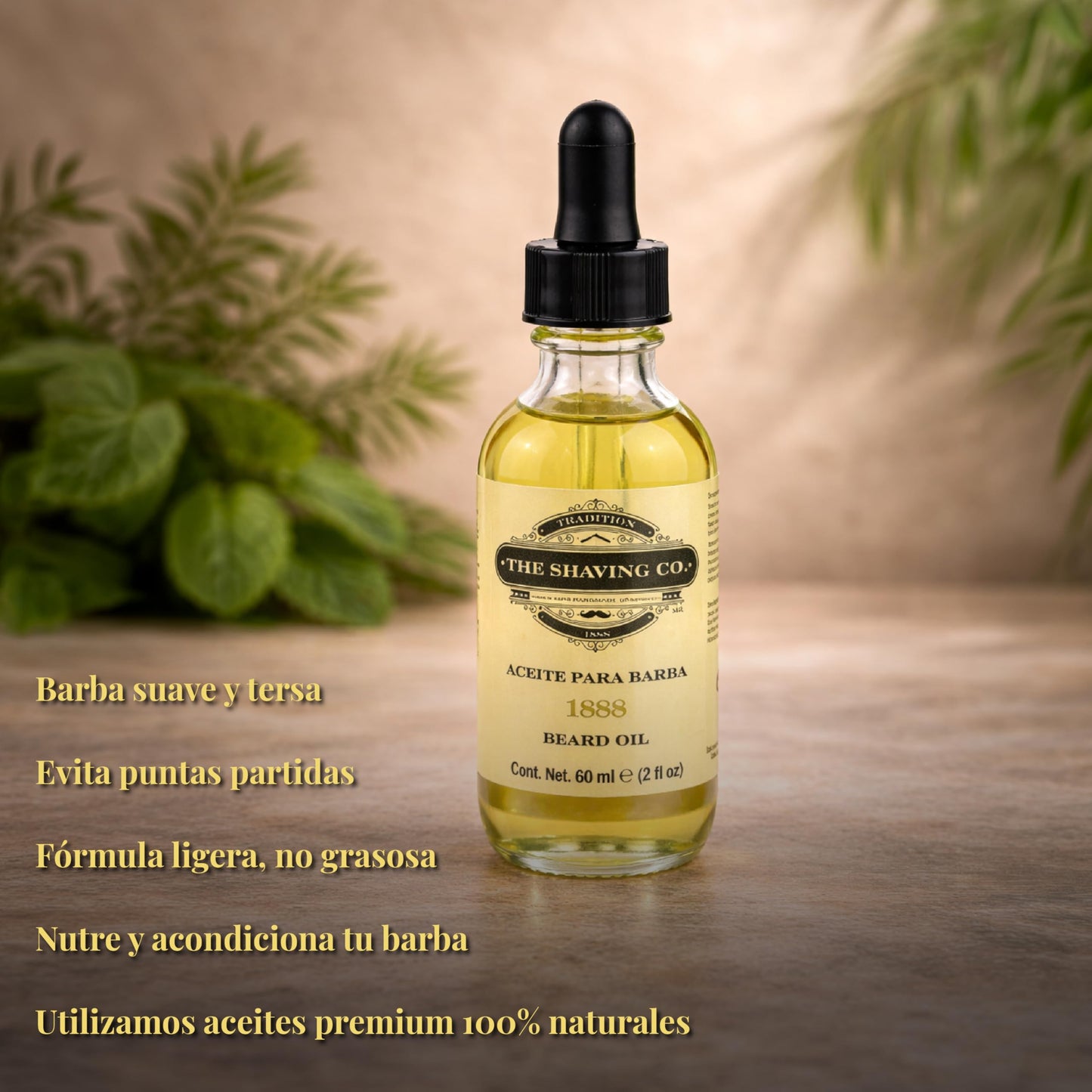 THE SHAVING CO Aceite para Barba 1888 Cantidad 60ml/2oz. Aroma Clásico. Nutre, Humecta e Hidrata tu Barba desde la raíz. Hecho especialmente con ingredientes Premium 100% naturales, No contiene alcohol. Libre de Sulfatos y Libre de Parabenos. 1888 CLASSIC