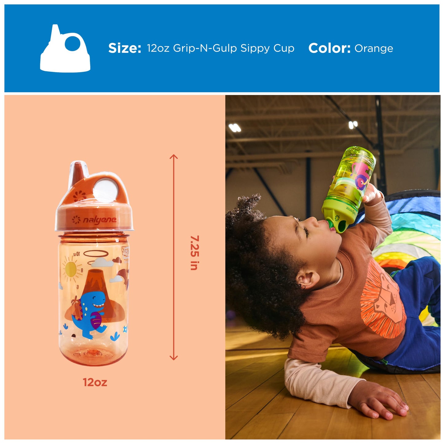 Nalgene Kids Sustain Grip-N-Gulp - Botellas de agua hechas con material derivado de 50% residuos de plástico (utilizando equilibrio de masa certificado ISCC), taza para sorber a prueba de fugas,