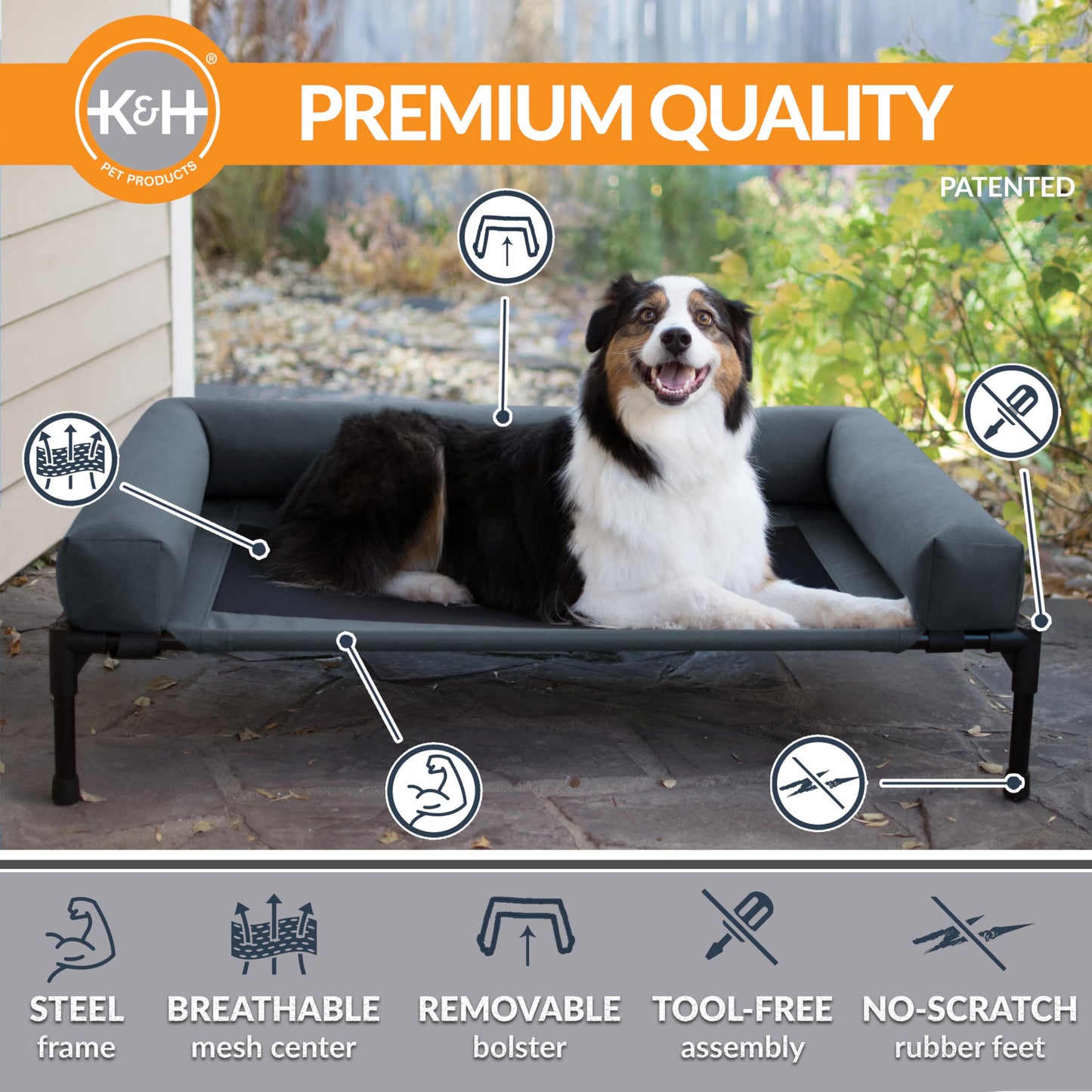 Cama Elevada para Mascotas K&H Pet Products Carbón Negro con Refuerzos Extraíbles Grande
