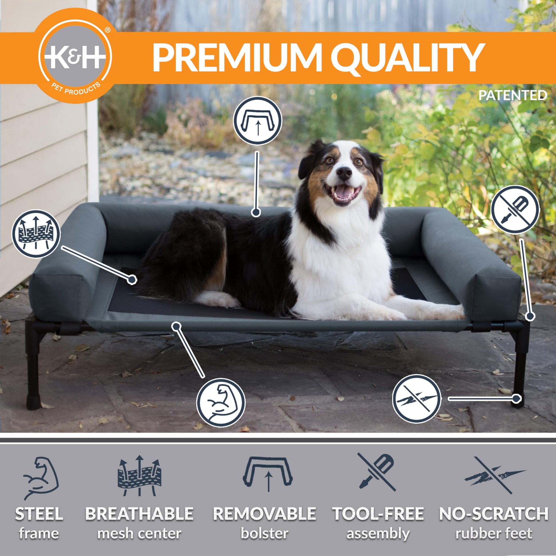 Cama Elevada para Mascotas K&H Pet Products Carbón Negro con Refuerzos Extraíbles Grande