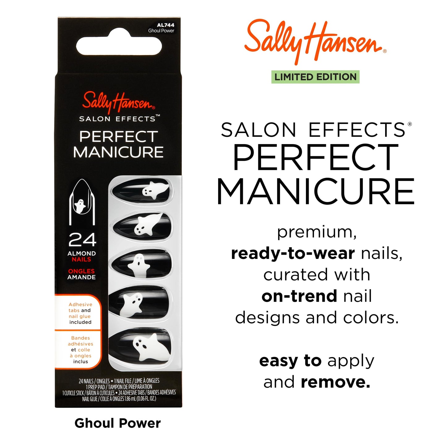 Sally Hansen Salon Effects® Perfect Manicure, Ghoul Power, Uñas postizas, Pestañas adhesivas que no dañan, Lima y Toallita con alcohol incluidos