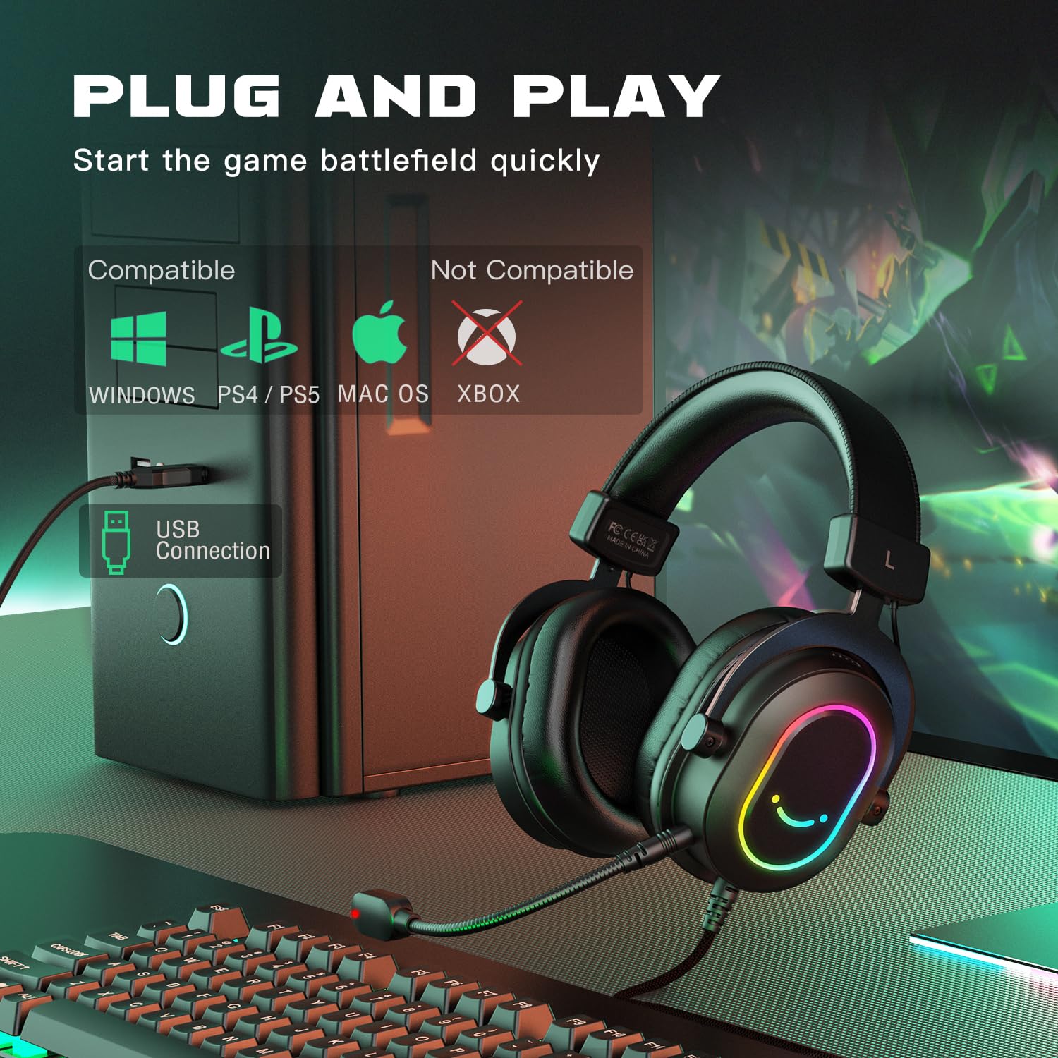 Fifine Gaming Headset for PC-Wired Headphones with Microphone-7.1 Surround Sound Computer USB Headset for Laptop, Streaming Headphones Compatible con PS4/PS5, with EQ Mode, RGB, Soft Ear Pads-H6