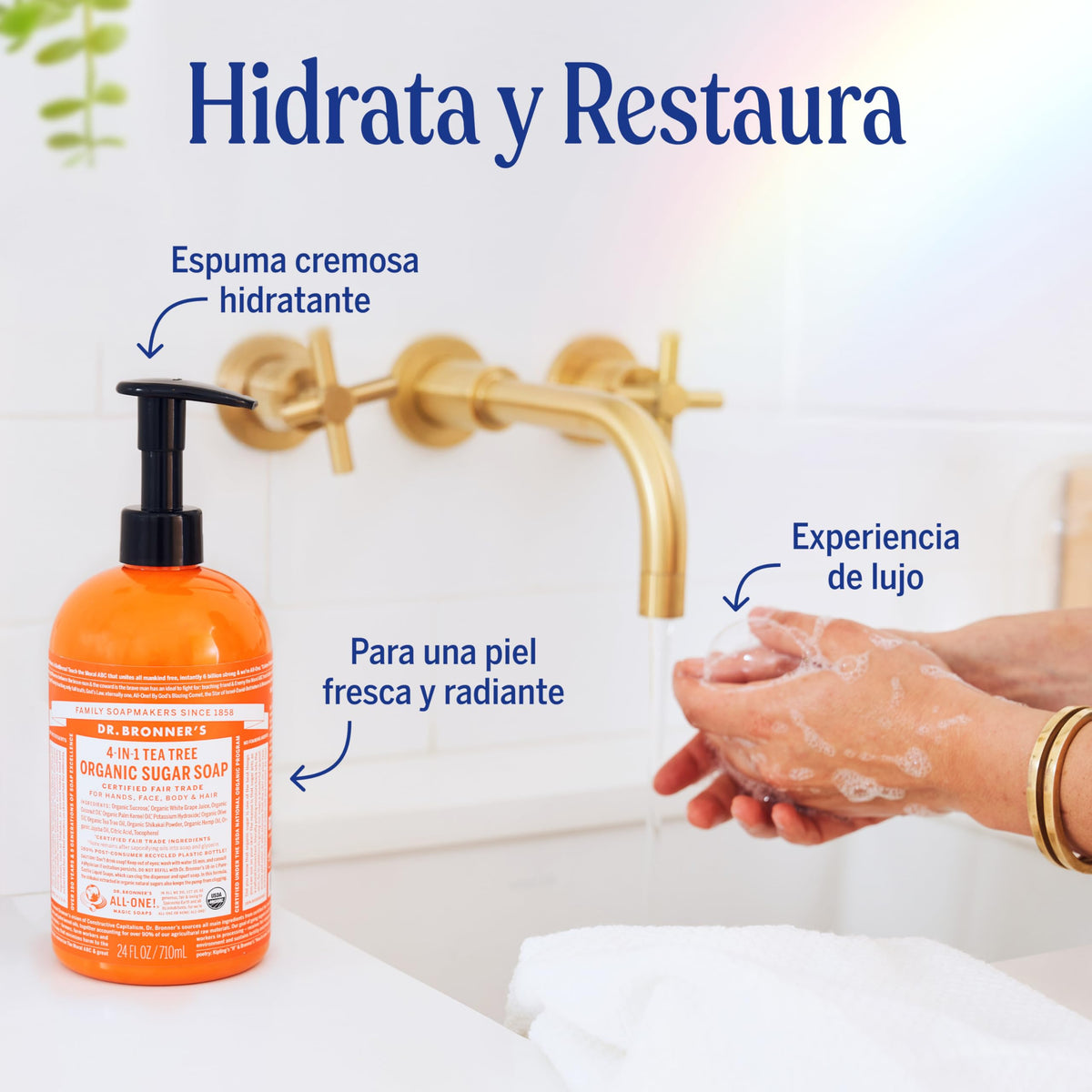 Dr. Bronner's | Jabón líquido de azúcar orgánico, hidratante y nutritivo, para manos, cuerpo, rostro y cabello; certificado vegano - Árbol de Té, 710 ml