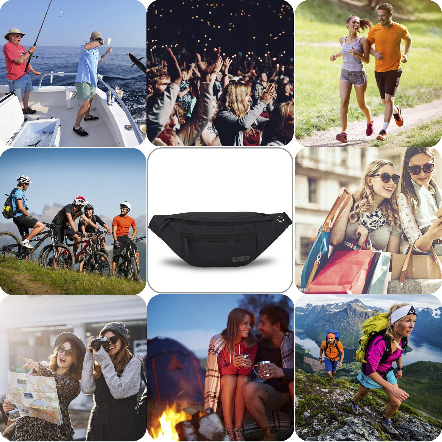 Riñonera MAXTOP Negro con Conector para Auriculares y 4 Bolsillos para Mujer y Hombre