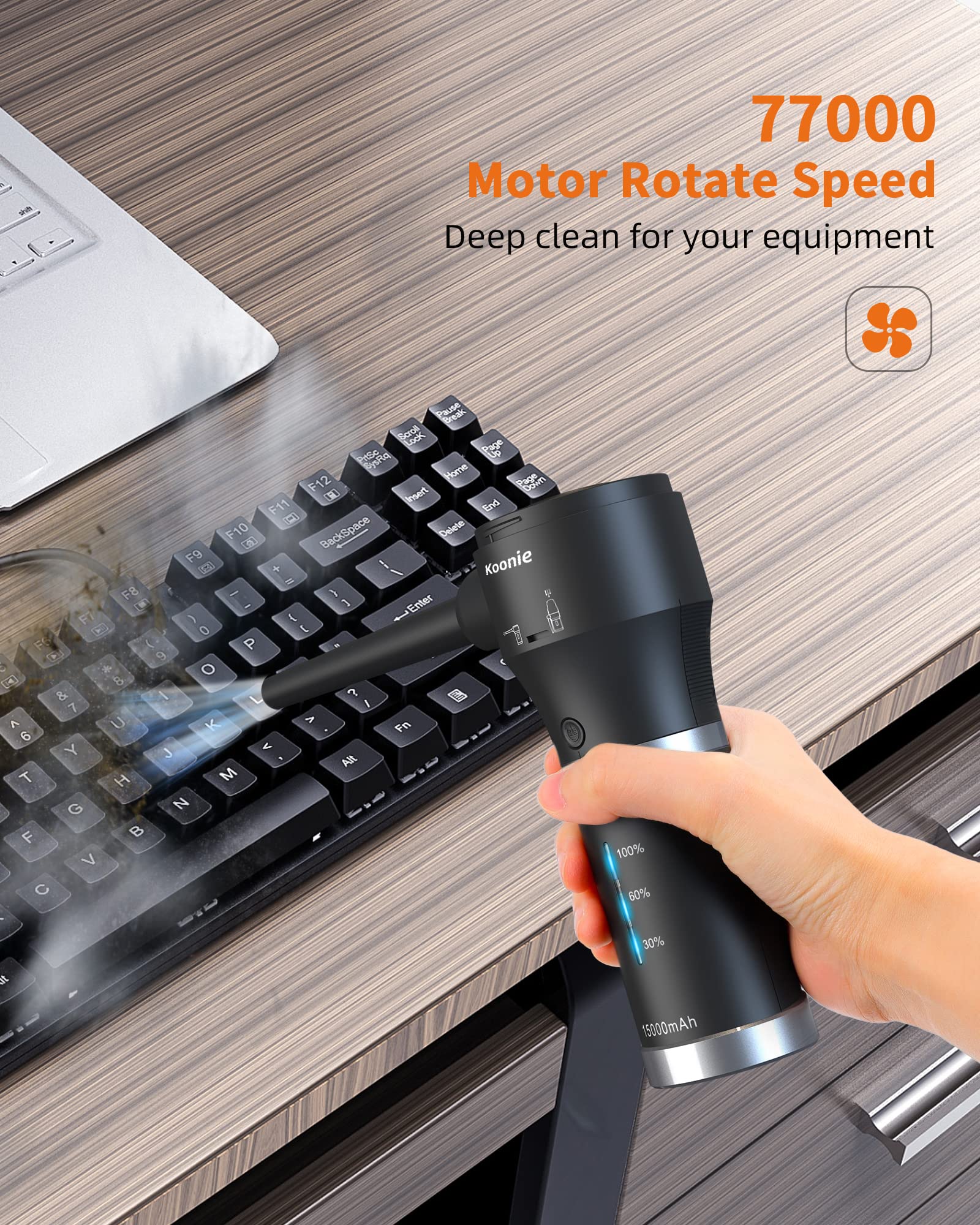 Koonie - Plumero de aire comprimido inalámbrico de 15000 mAh y aspiradora 2 en 1, potente 77000 RPM/11000 PA, 2 velocidades con batería desmontable, para computadora/teclado, coche, electrónica