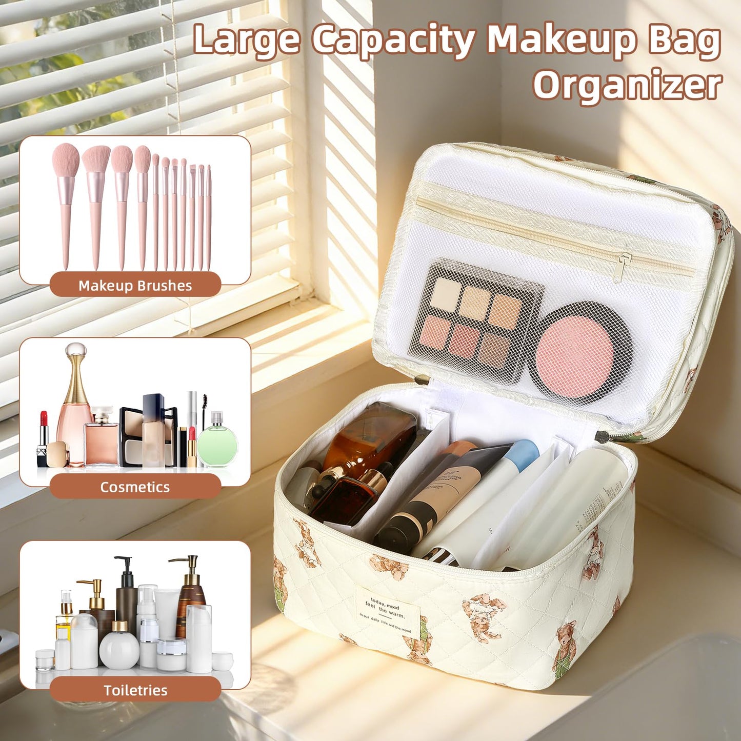 Bolsa de maquillaje, bolsa de cosméticos grande para mujeres y niñas, lindas bolsas de maquillaje acolchadas, bolsa de aseo estética de coquetas florales, bolsa organizadora de maquillaje de viaje