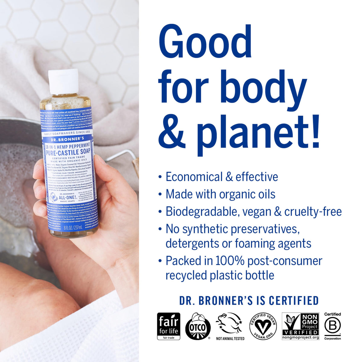 Dr. Bronner's | Set de Regalo Orgánico de Menta con Jabón de Azúcar de 355 ml, Jabón Líquido de Castilla de 240 ml, Crema corporal de 240 ml y Jabón en Barra de Castilla de 140 g