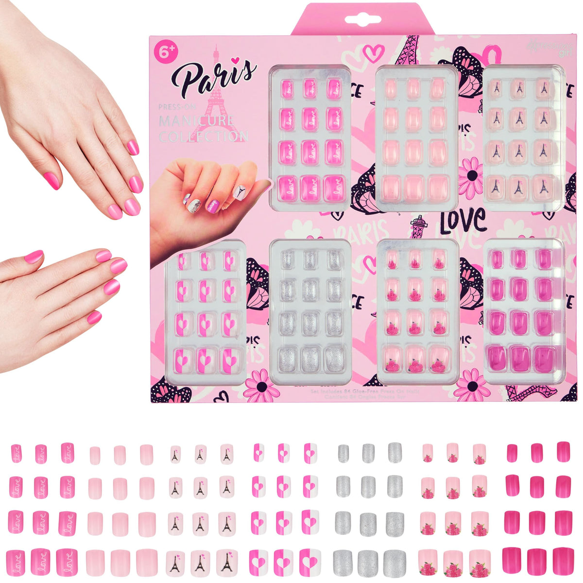 EXPRESSIONS Colección Manicura De 7 Días - Set De 84 Uñas Postizas Adhesivas Para Niñas, Diseños Novedosos Y Coloridos