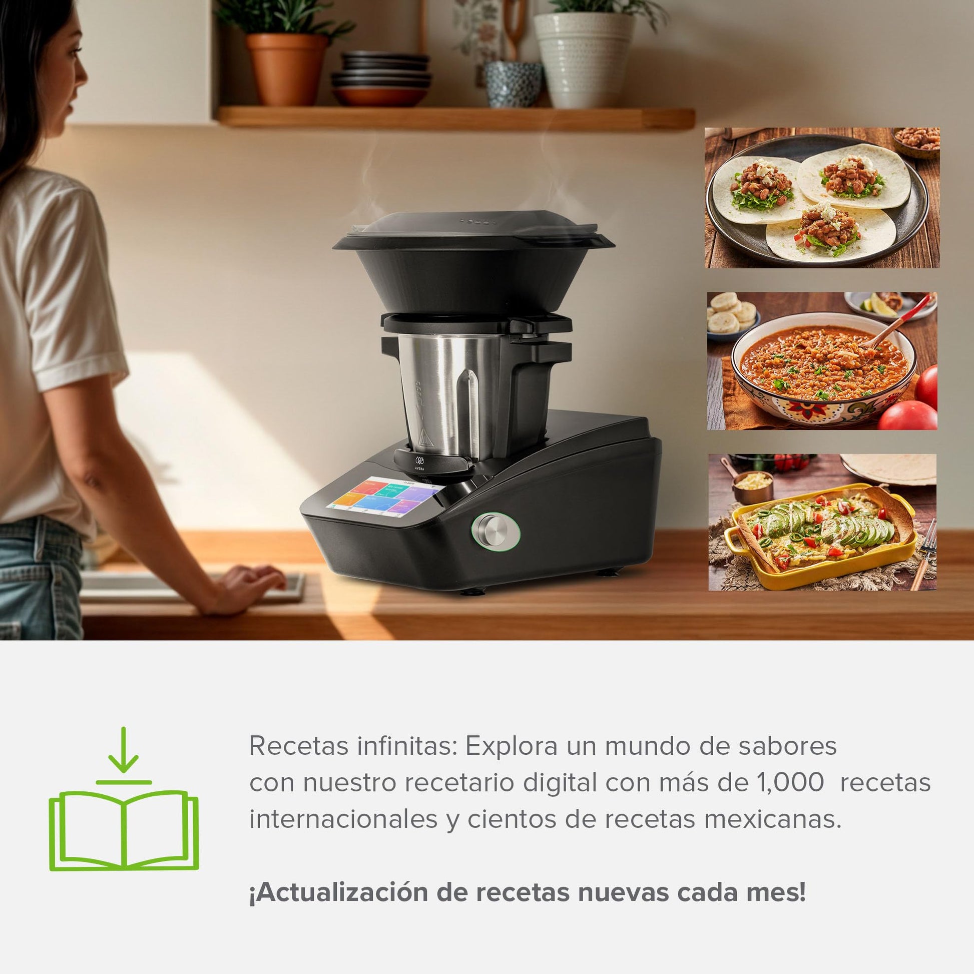 Avera Chef | Robot de Cocina Inteligente WiFi con Báscula y Recetario Digital (+1000 Recetas) | 30 Funciones: Guisar, Batir, Amasar | Pantalla Táctil, Vaporera | Capacidad 4.7 L | RC01