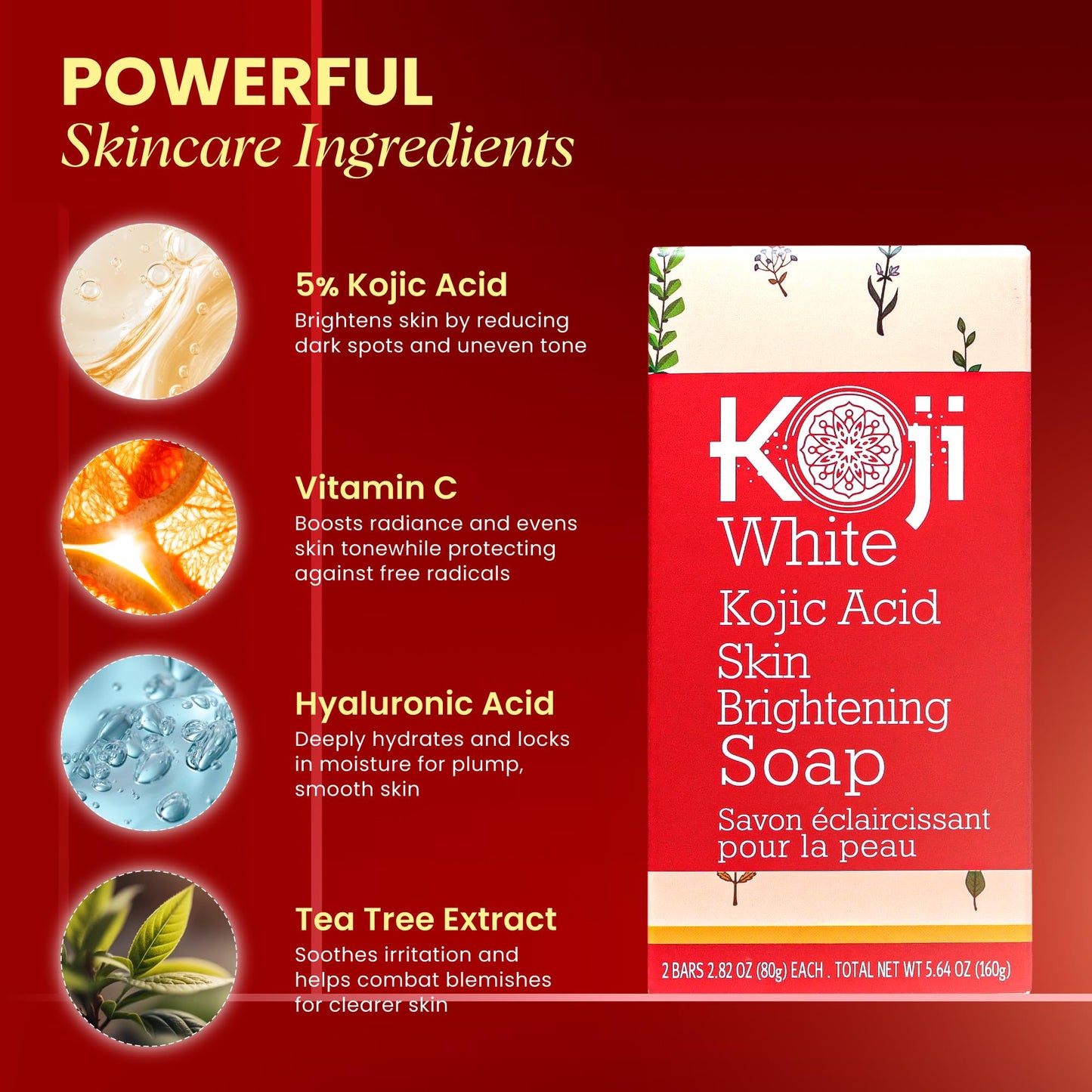 Pure Kojic Acid Skin Lightening Soap ( 2.82 oz / 2 Bars ) - Naturally Whitening for Tone Adjustment & Bleaching Skin - Remove Freckles, Fade Age Spots, Anti-aging, Acne Scars, Sun Spots Damage