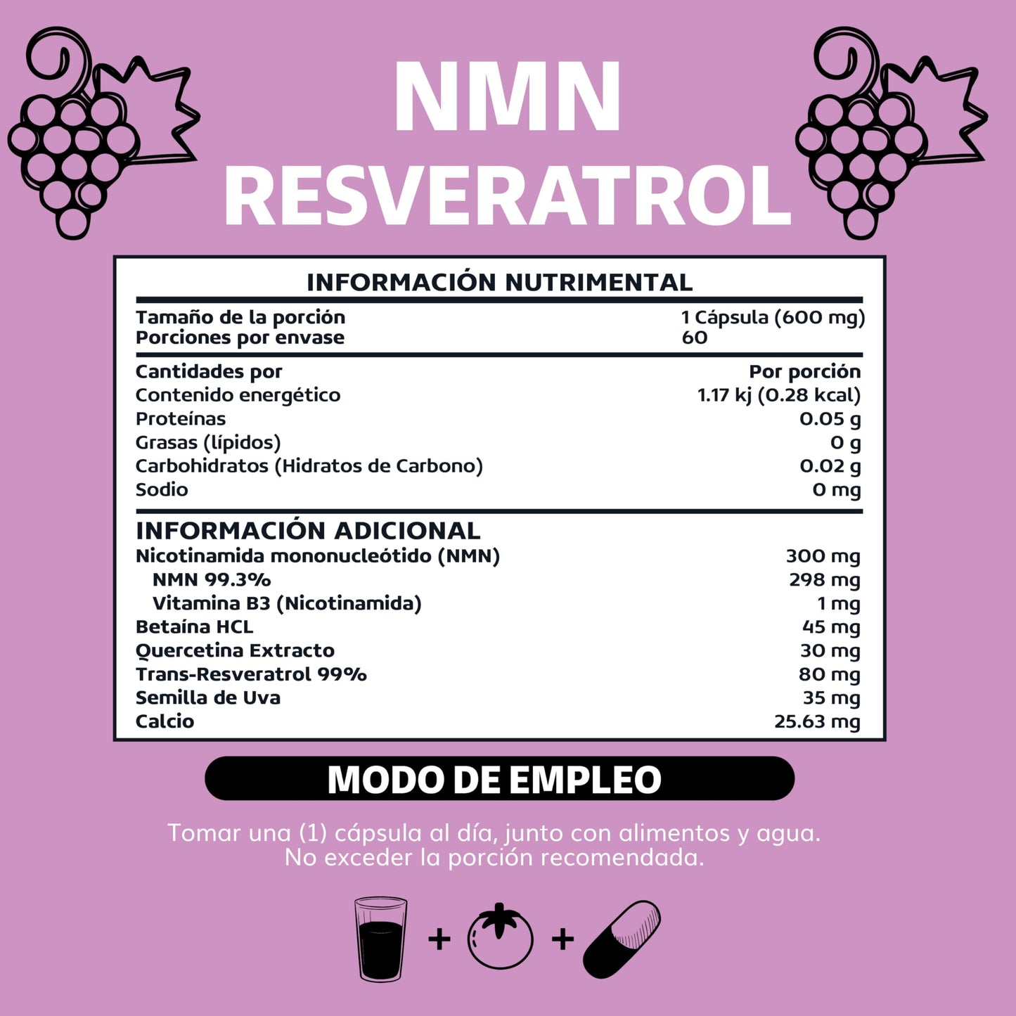 Cápsulas Veganas Beyond Vitamins NMN y Resveratrol Premium Blend 99% para Producción de NAD+ 60 vcaps