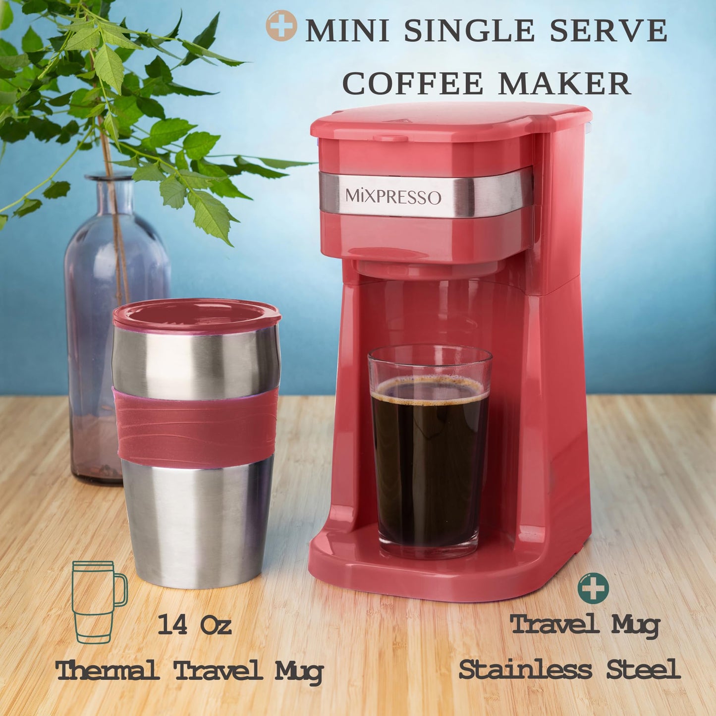 Mixpresso - Cafetera personal y taza de viaje de 14 onzas, cafetera pequeña y vaso de goteo, apagado automático y filtro reutilizable, cafetera roja compatible con posos de café