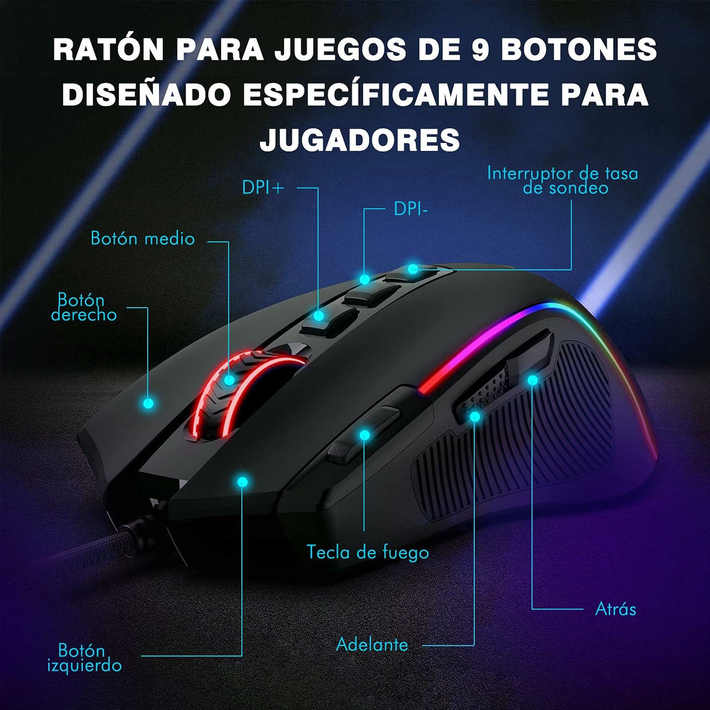 Mouse Gaming TERPORT S500 Inalámbrico Óptico RGB con 9 Botones Programables y 8000 DPI