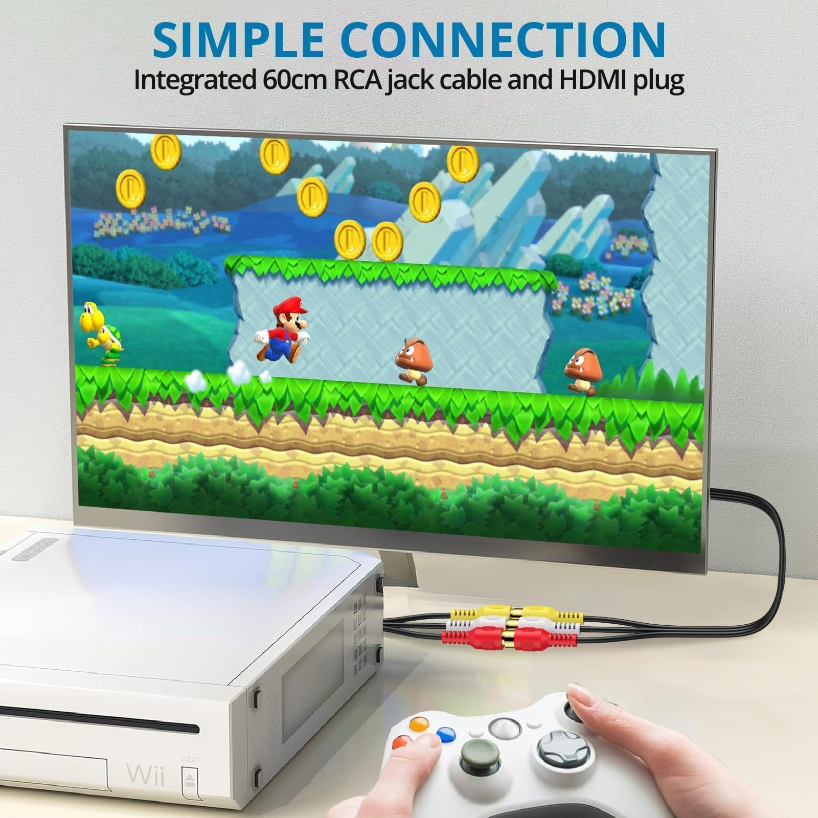 AUTOUTLET Convertidor RCA a HDMI, adaptador AV a HDMI 1080P compatible con conversión 16:9/4:3 y PAL/NTSC, adaptador de audio de vídeo RCA con cable RCA hembra de 60 cm para Wii, PS1/PS2, Xbox, N64