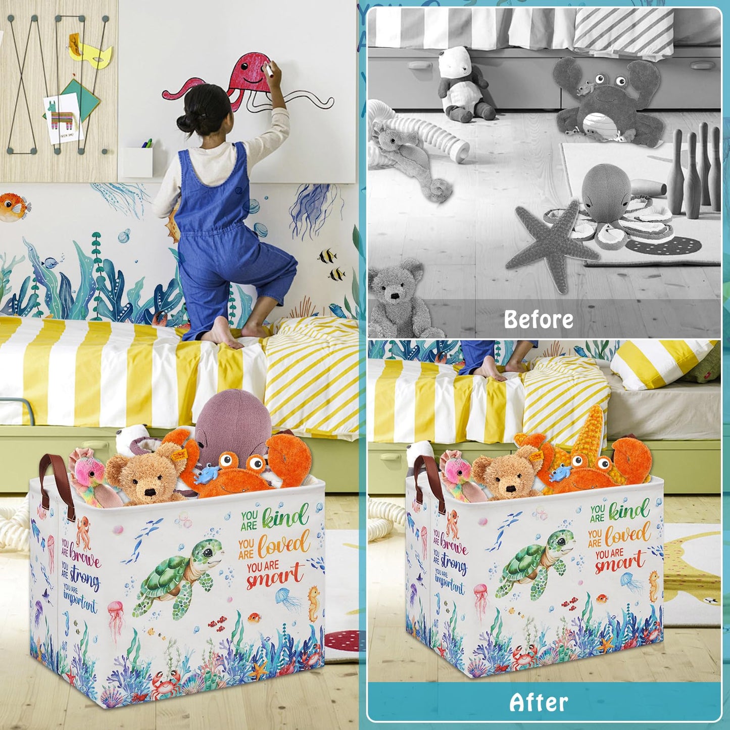 Cesta de almacenamiento de tortugas marinas, cesta vacía de regalo para bebé, cesta de regalo para guardería, cesta de lavandería rectangular para niños, cesta plegable para ropa, libro de juguetes