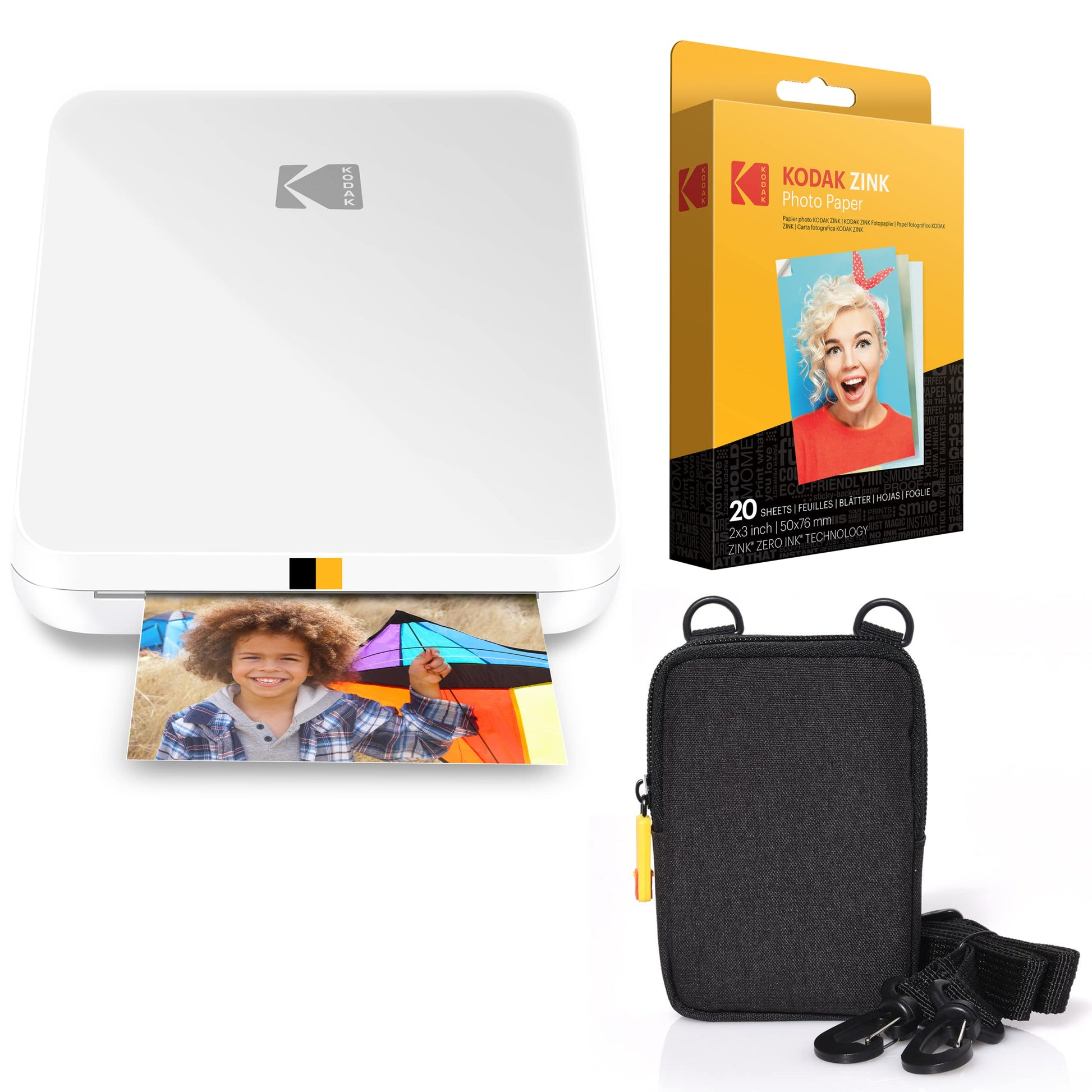 KODAK Step Slim Instant Mobile Photo Printer - Kit: 20 Pack Zink Paper, Case, White, 2x3