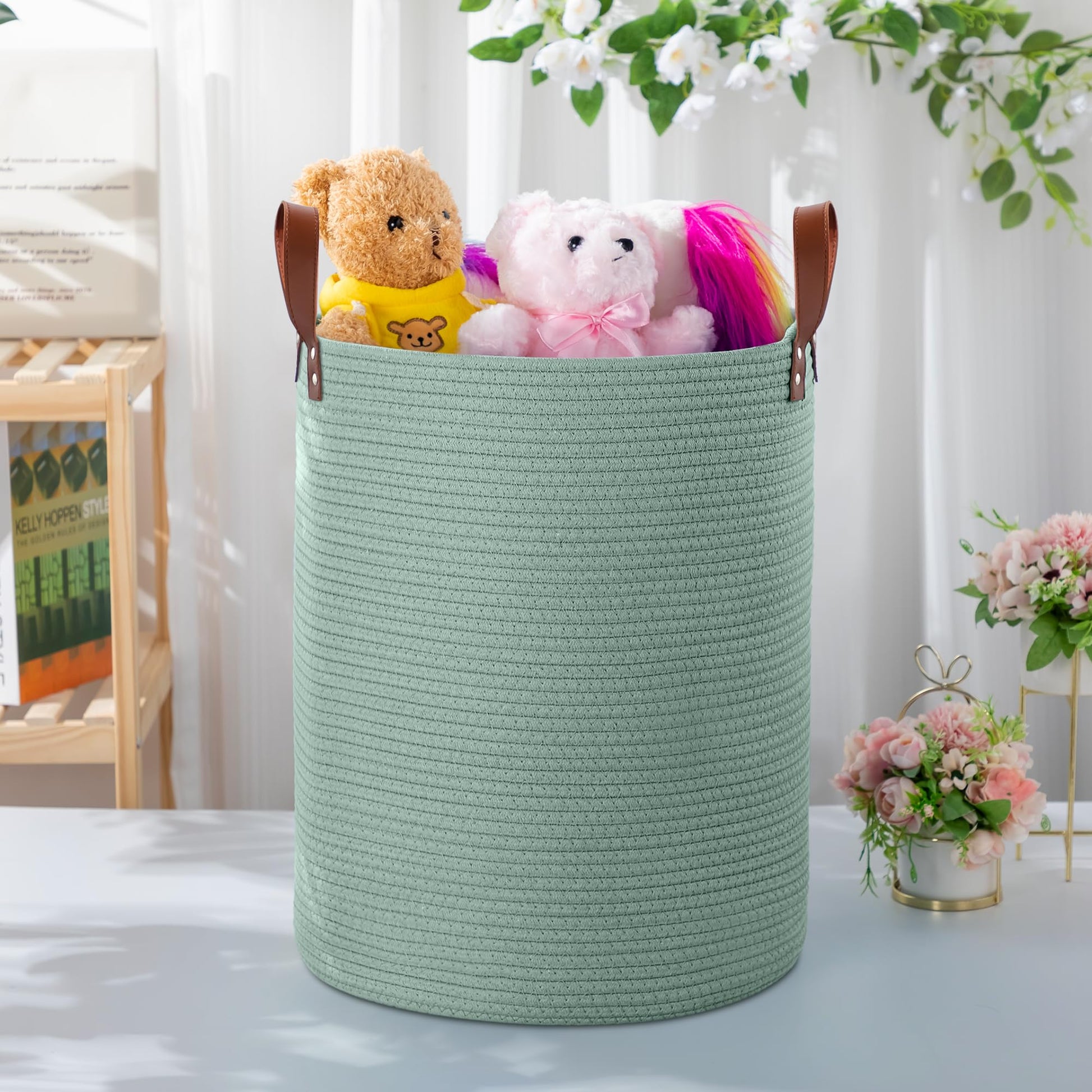 Wymulot - Cesta grande de cuerda de 80 l, cesta de almacenamiento de cuerda tejida con asas de piel, cesta de almacenamiento de juguetes para perros, recámara, almacenamiento de manta de guardería,